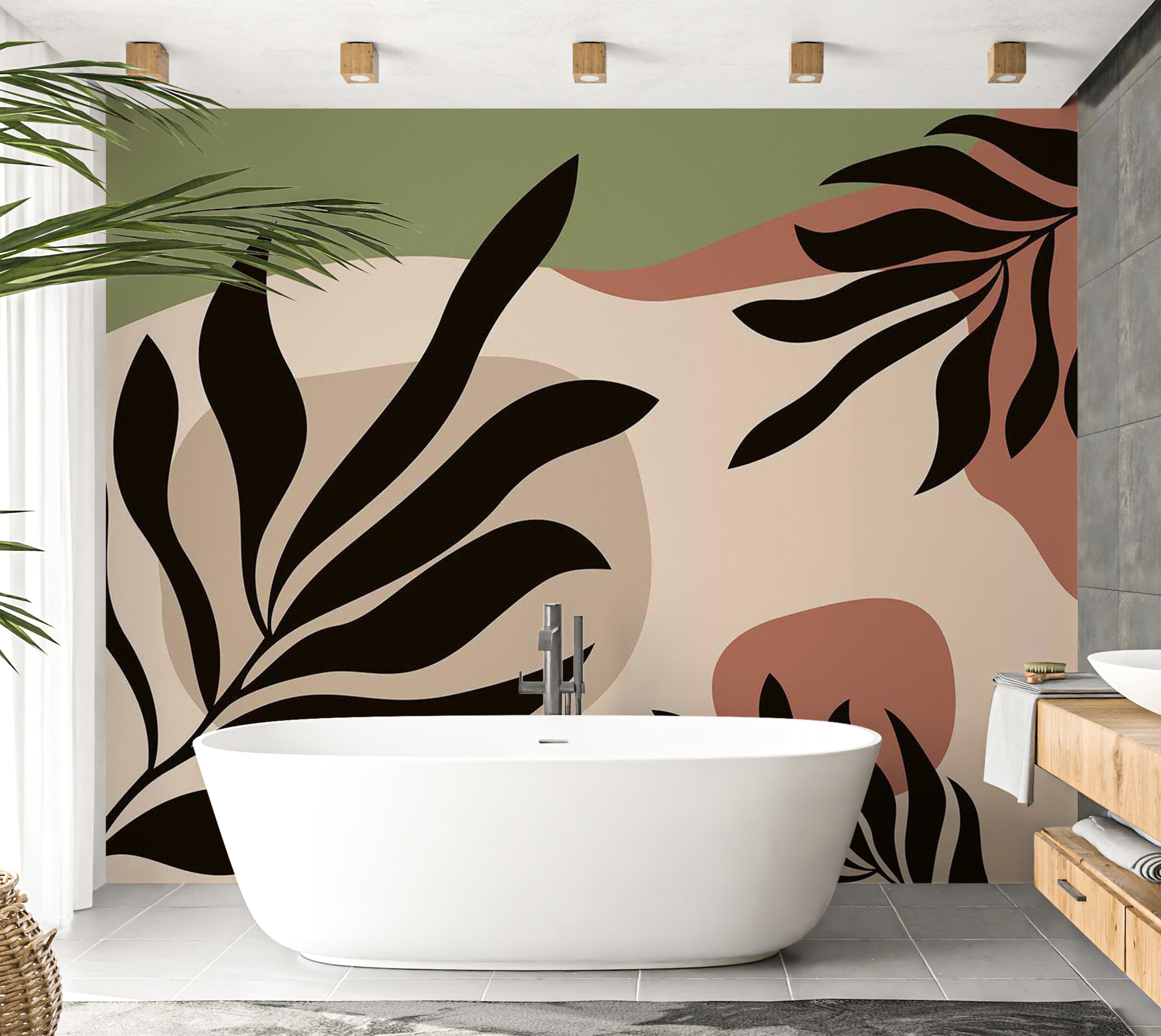 Abstract Wallpaper Wall Mural - Modern Boho Leaves