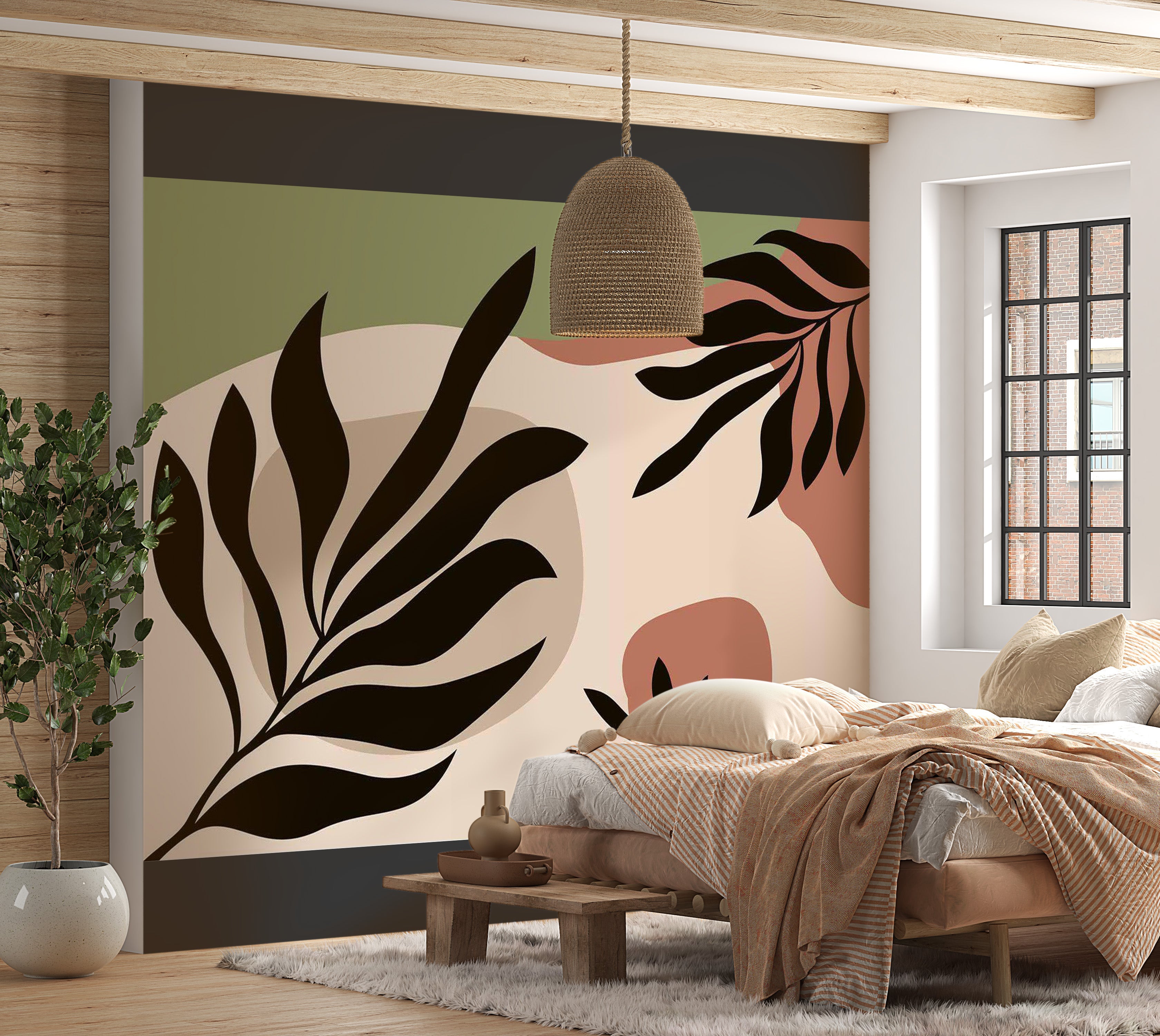 Abstract Wallpaper Wall Mural - Modern Boho Leaves