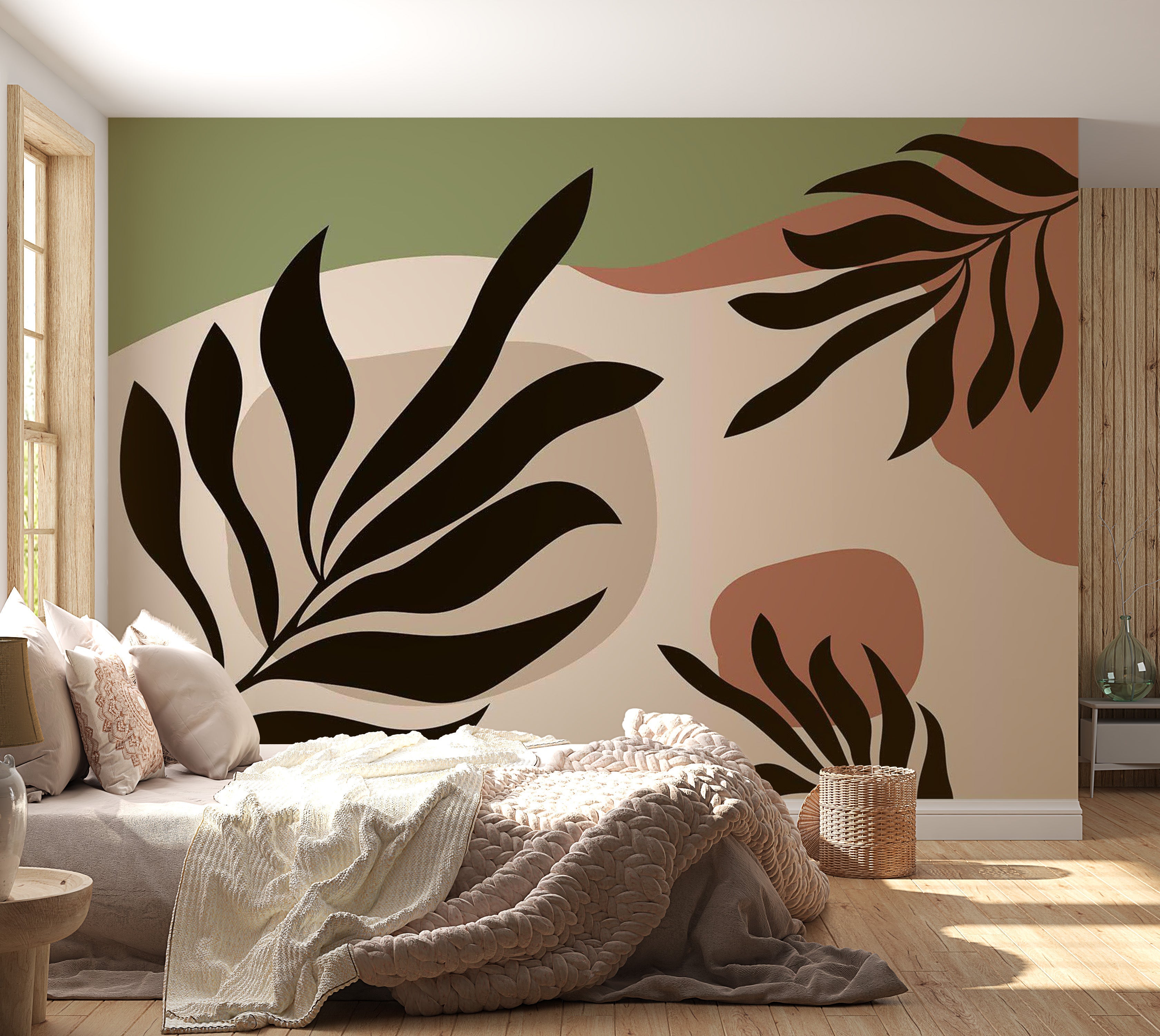 Abstract Wallpaper Wall Mural - Modern Boho Leaves