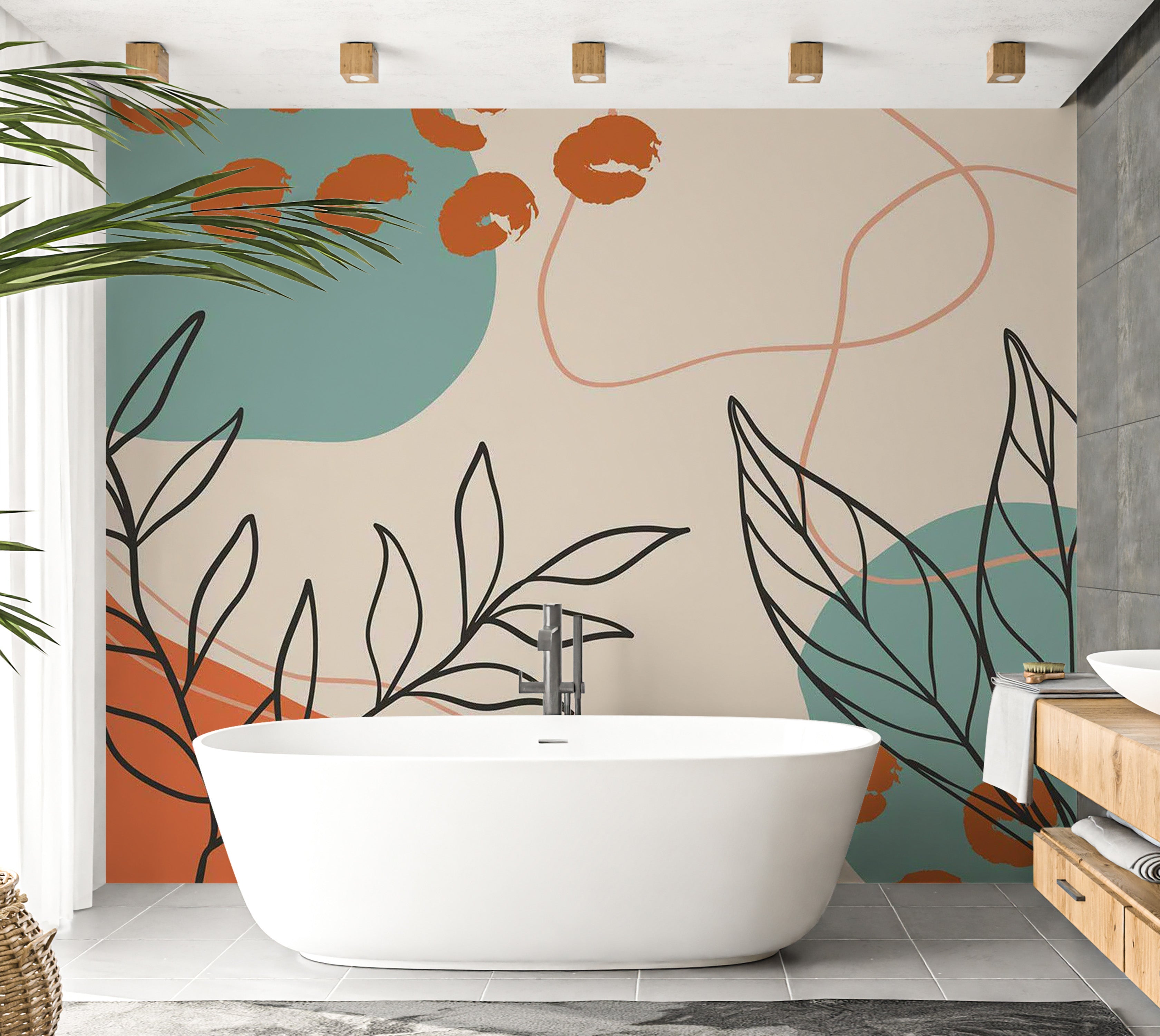 Abstract Wallpaper Wall Mural - Terracotta Botanical Elements