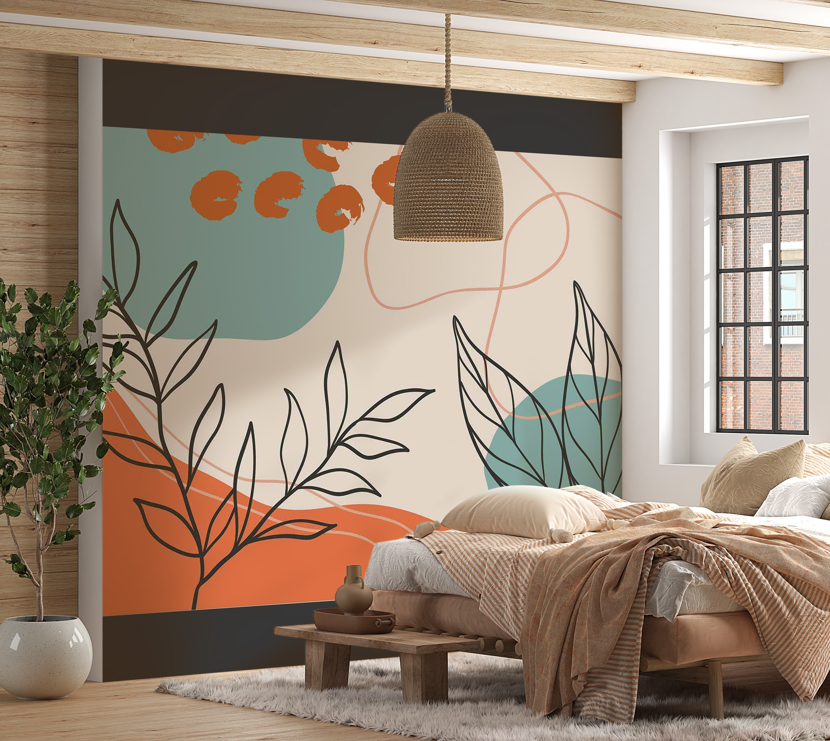 Abstract Wallpaper Wall Mural - Terracotta Botanical Elements