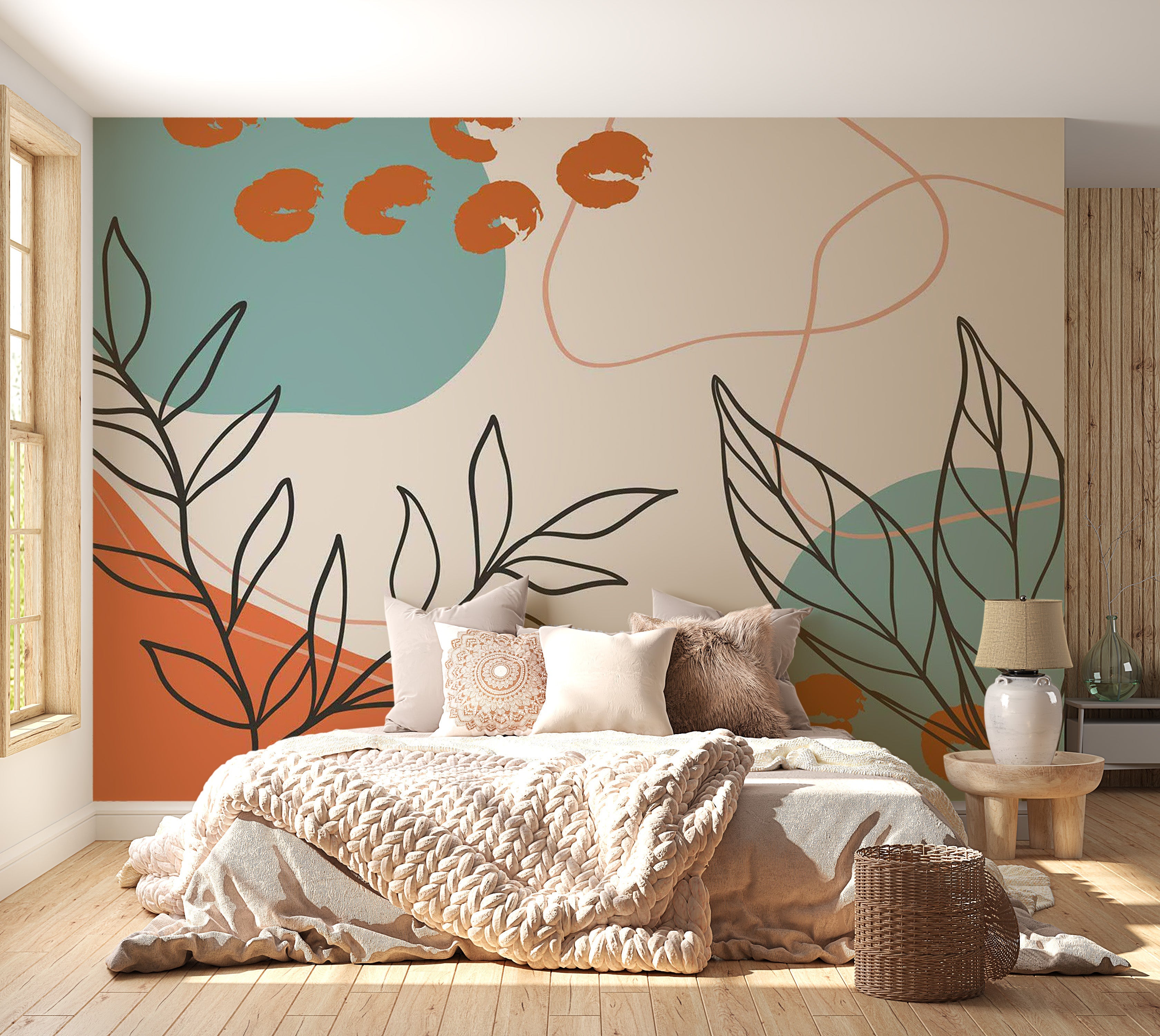 Abstract Wallpaper Wall Mural - Terracotta Botanical Elements