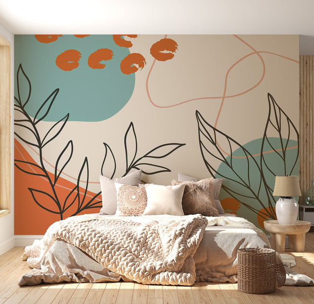 Abstract Wallpaper Wall Mural - Terracotta Botanical Elements