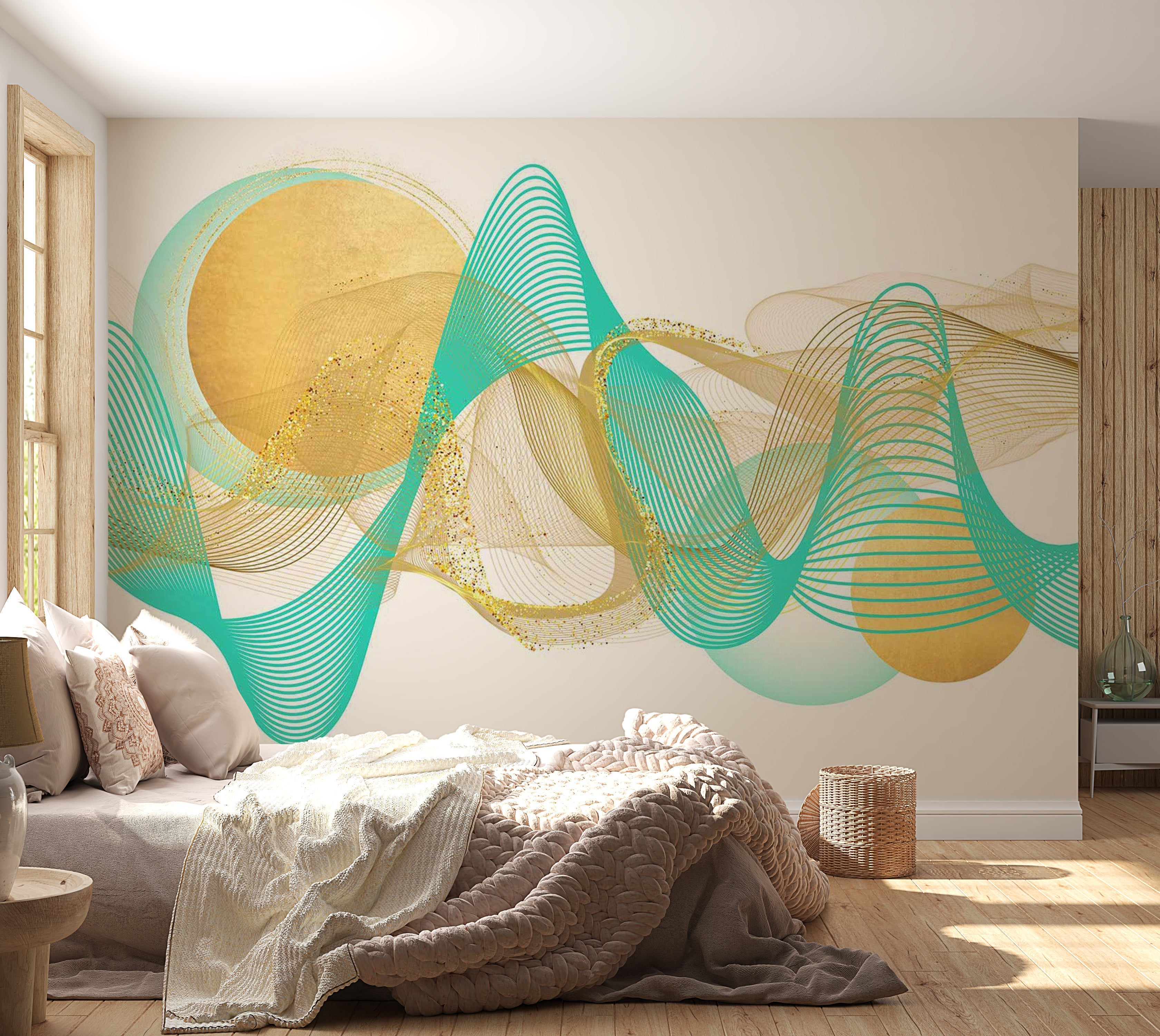 Abstract Wallpaper Wall Mural - Turquoise Glitter Waves