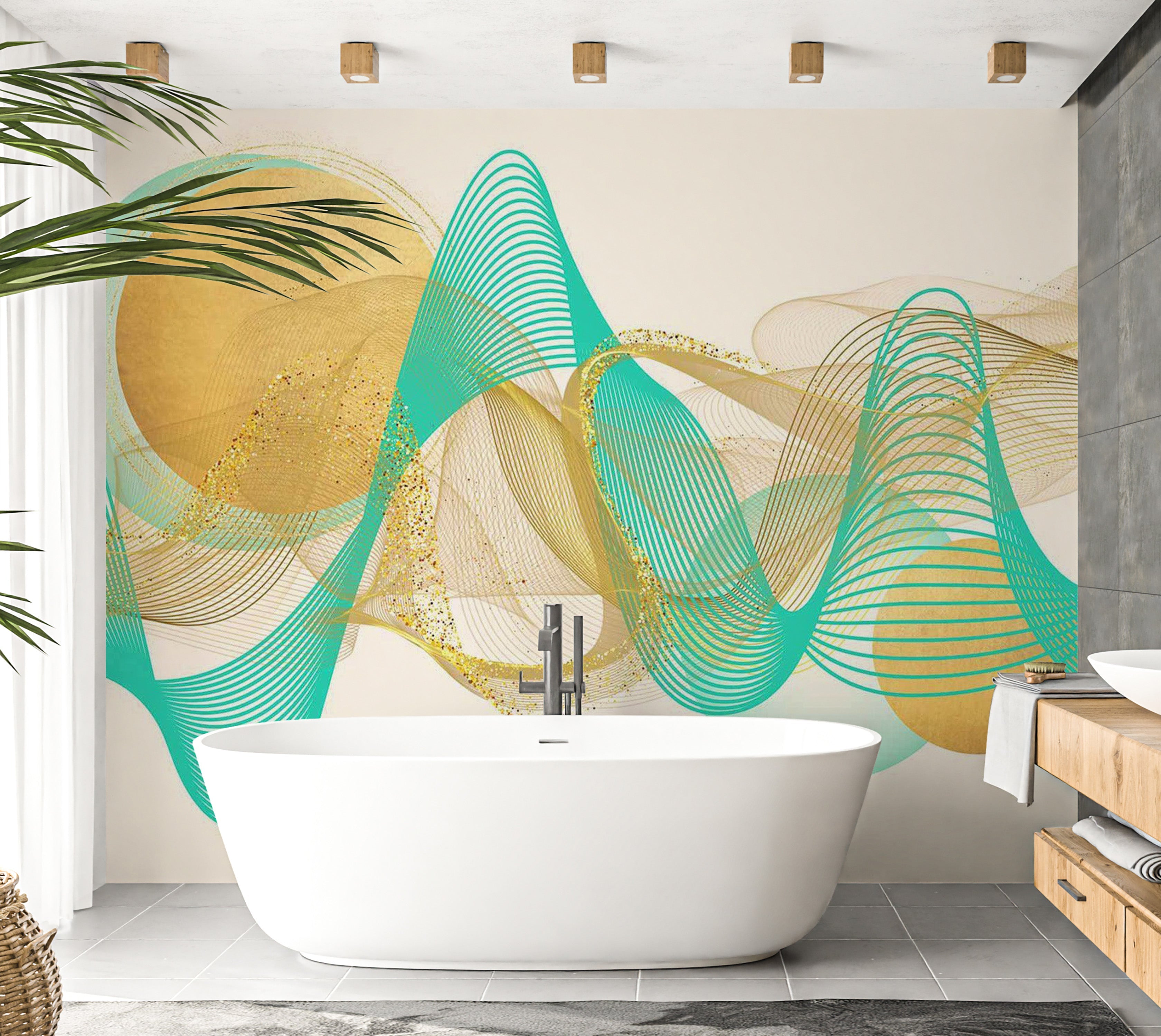 Abstract Wallpaper Wall Mural - Turquoise Glitter Waves