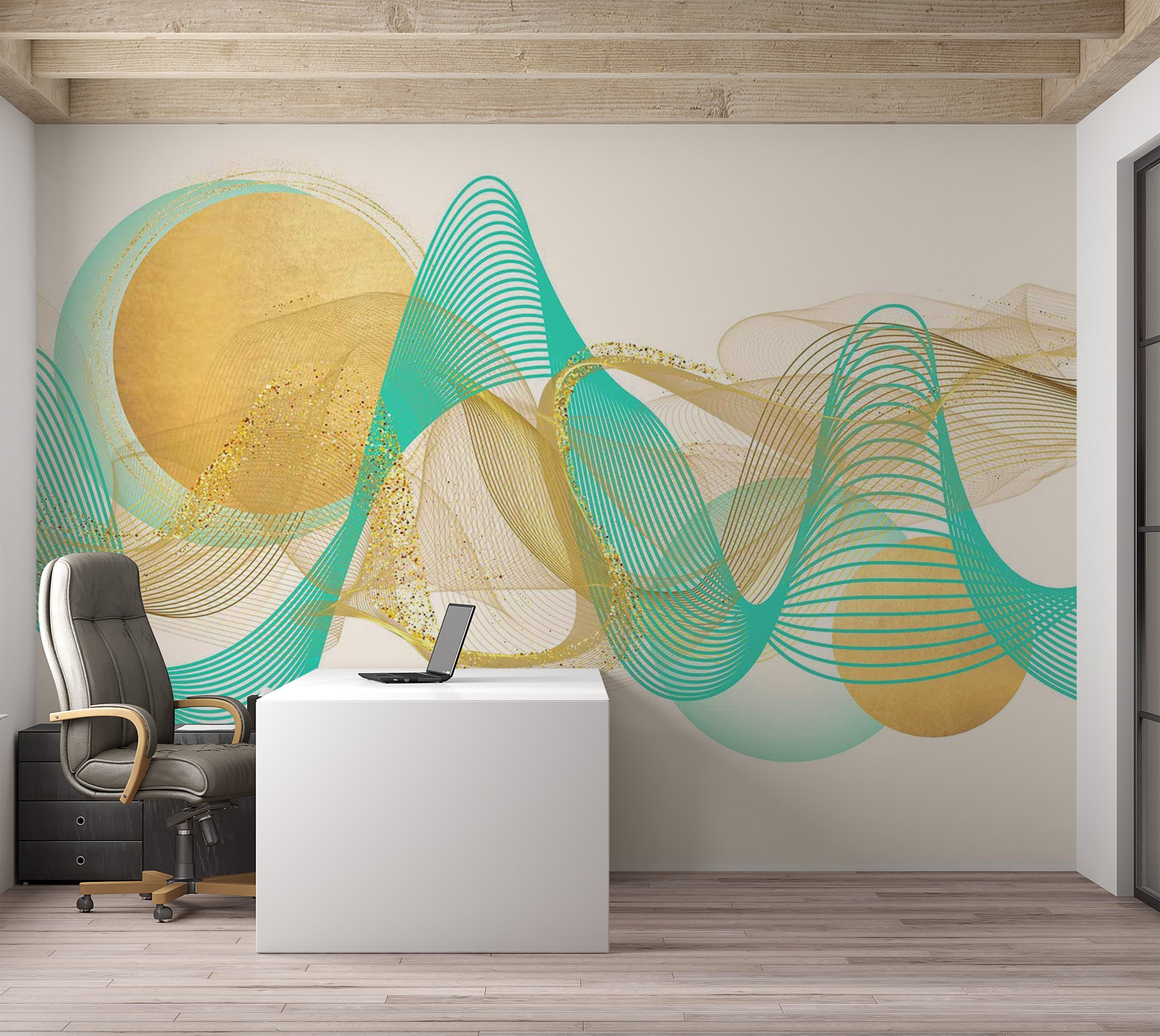 Abstract Wallpaper Wall Mural - Turquoise Glitter Waves