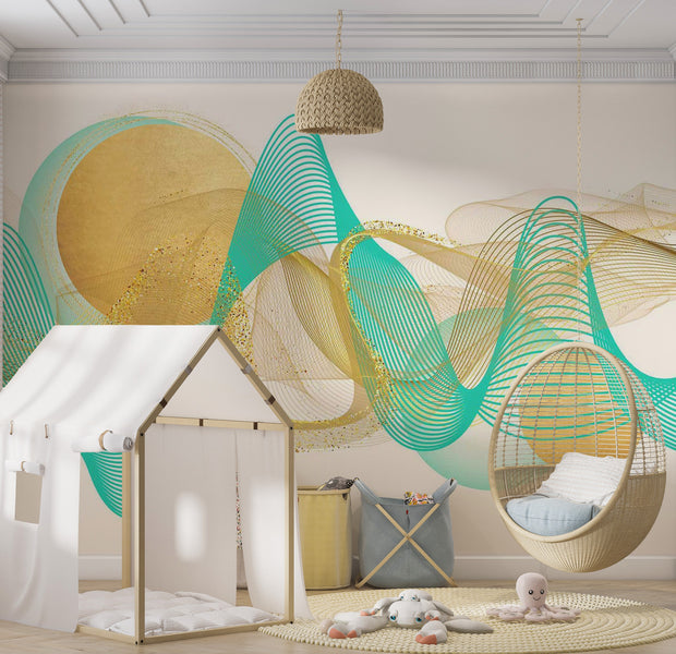 Abstract Wallpaper Wall Mural - Turquoise Glitter Waves