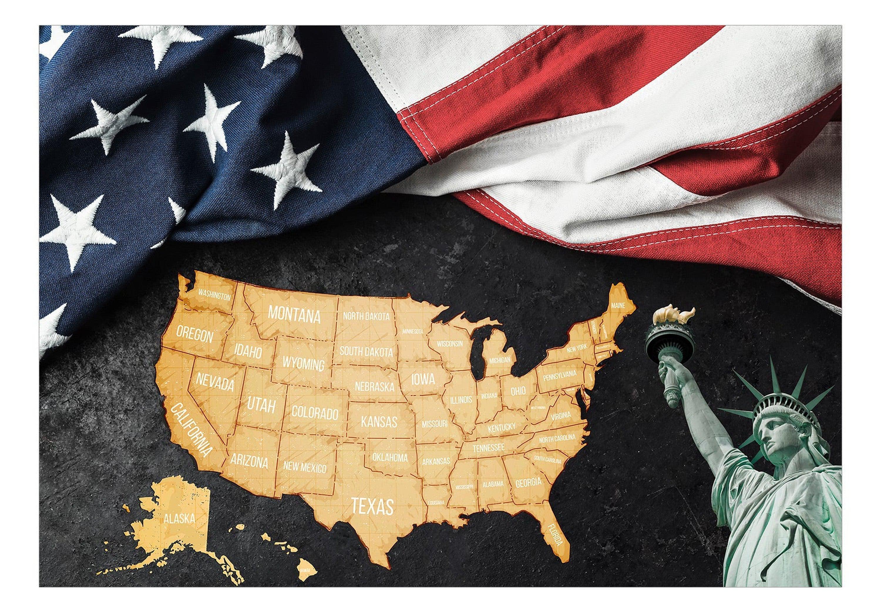 Americana Wallpaper Wall Mural - USA Map, Flag & Statue