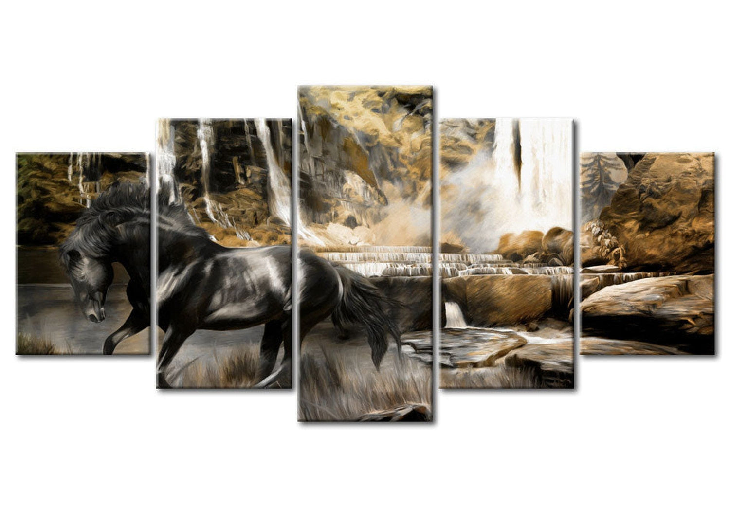 Animal Canvas Wall Art - Black Horse At Waterfall - 5 Pieces