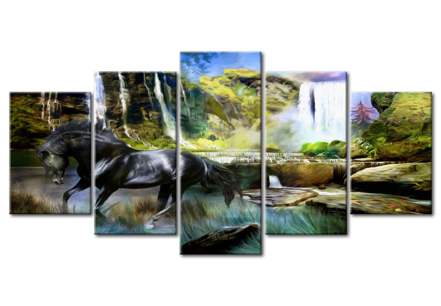Animal Canvas Wall Art - Black Horse In Paradise - 5 Pieces