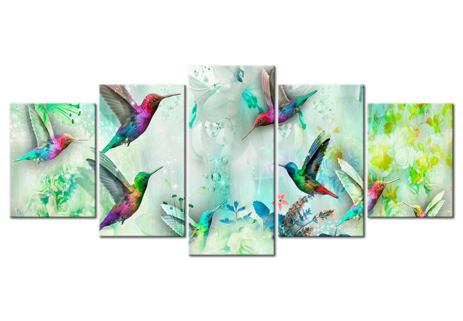 Animal Canvas Wall Art - Colourful Hummingbirds Green - 5 Pieces