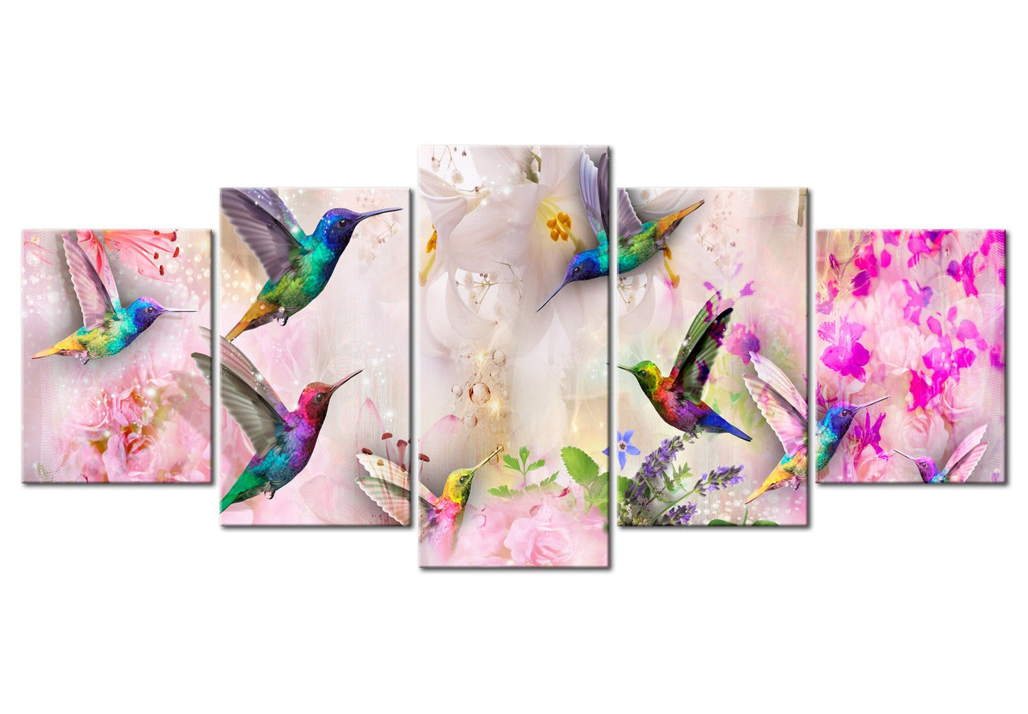 Animal Canvas Wall Art - Colourful Hummingbirds Pink - 5 Pieces