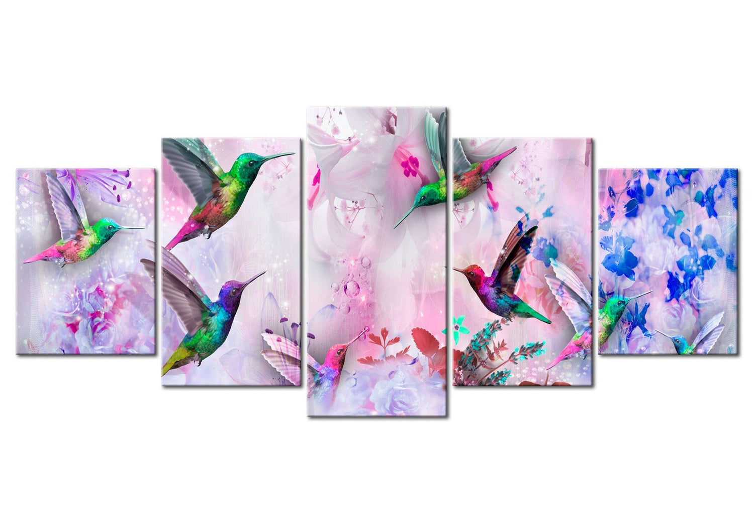 Animal Canvas Wall Art - Colourful Hummingbirds Violet - 5 Pieces