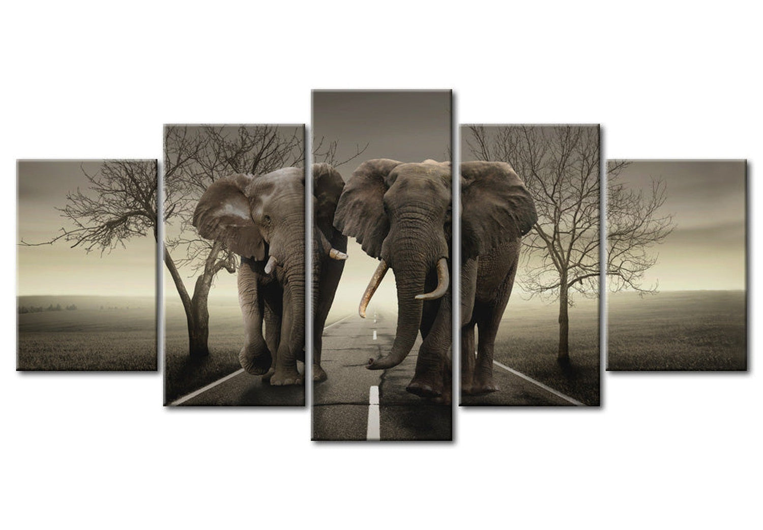 Animal Canvas Wall Art - Elephants On The Move - 5 Pieces