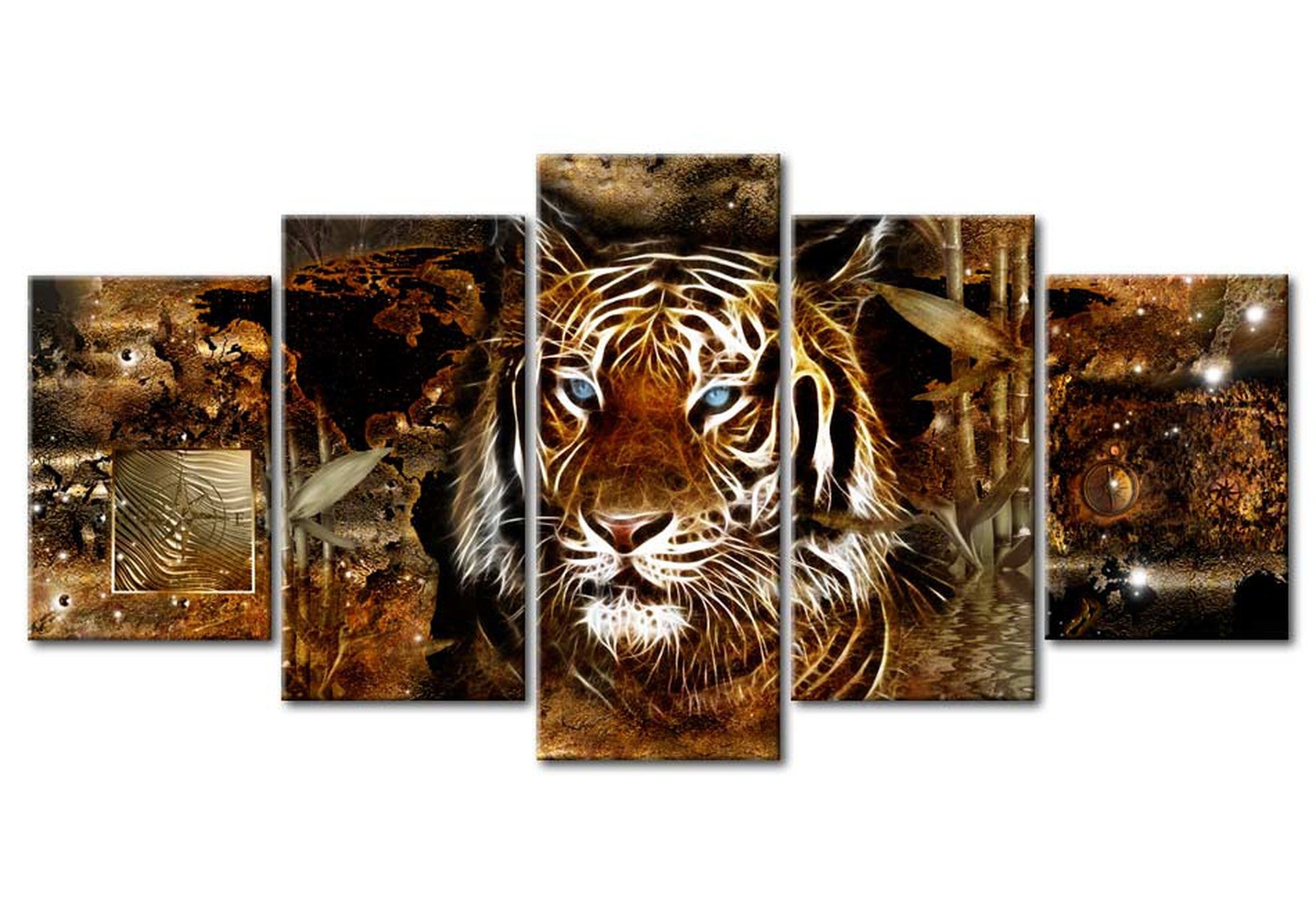 Animal Canvas Wall Art - Golden Jungle Tiger - 5 Pieces