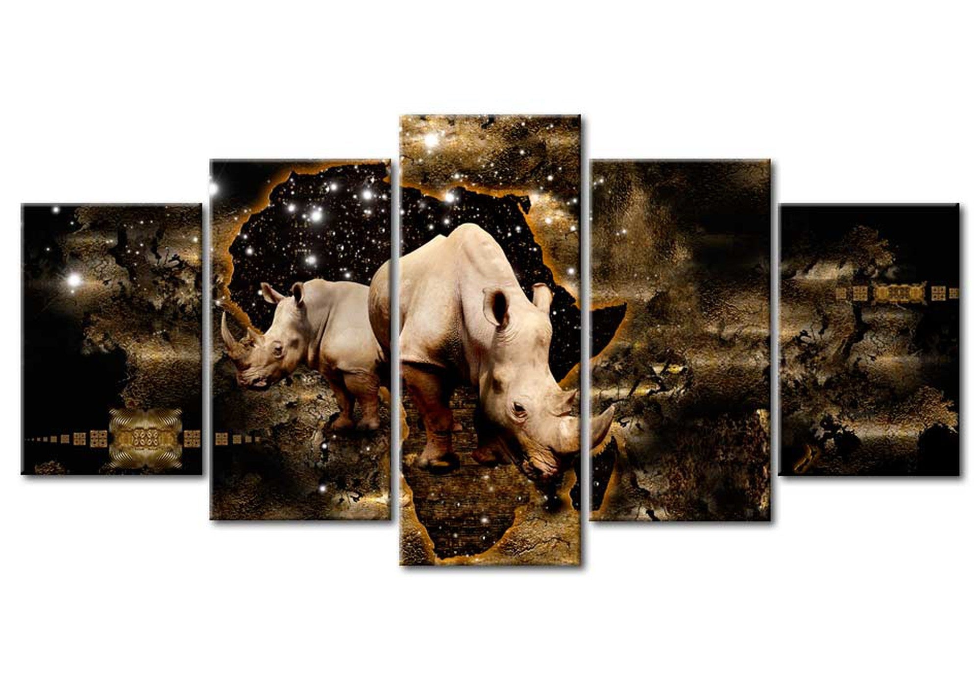 Animal Canvas Wall Art - Golden Rhino - 5 Pieces