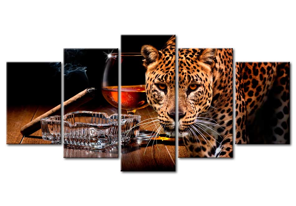 Animal Canvas Wall Art - Leopard Drink - 5 Pieces