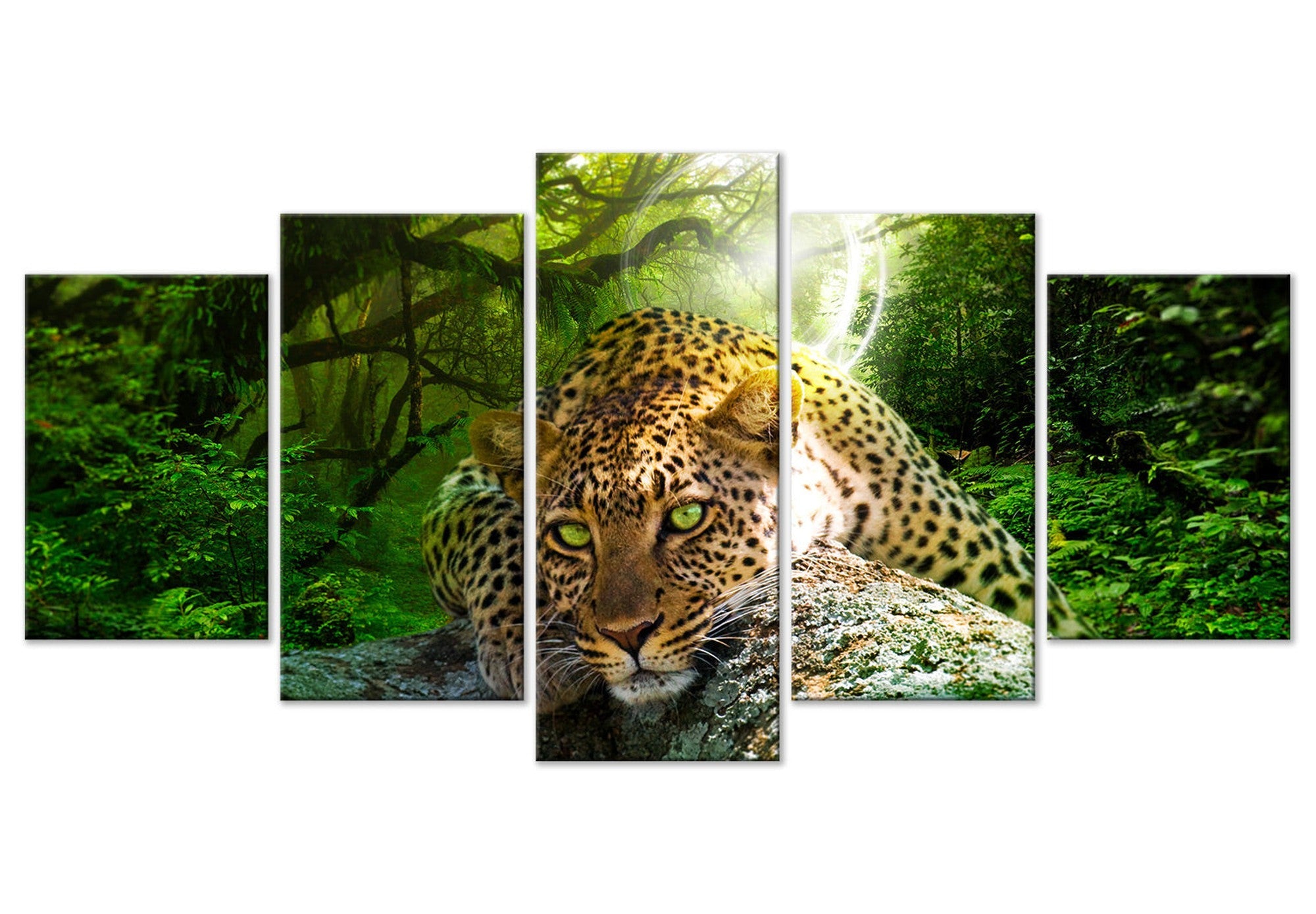 Animal Canvas Wall Art - Leopard Lying Green - 5 Pieces