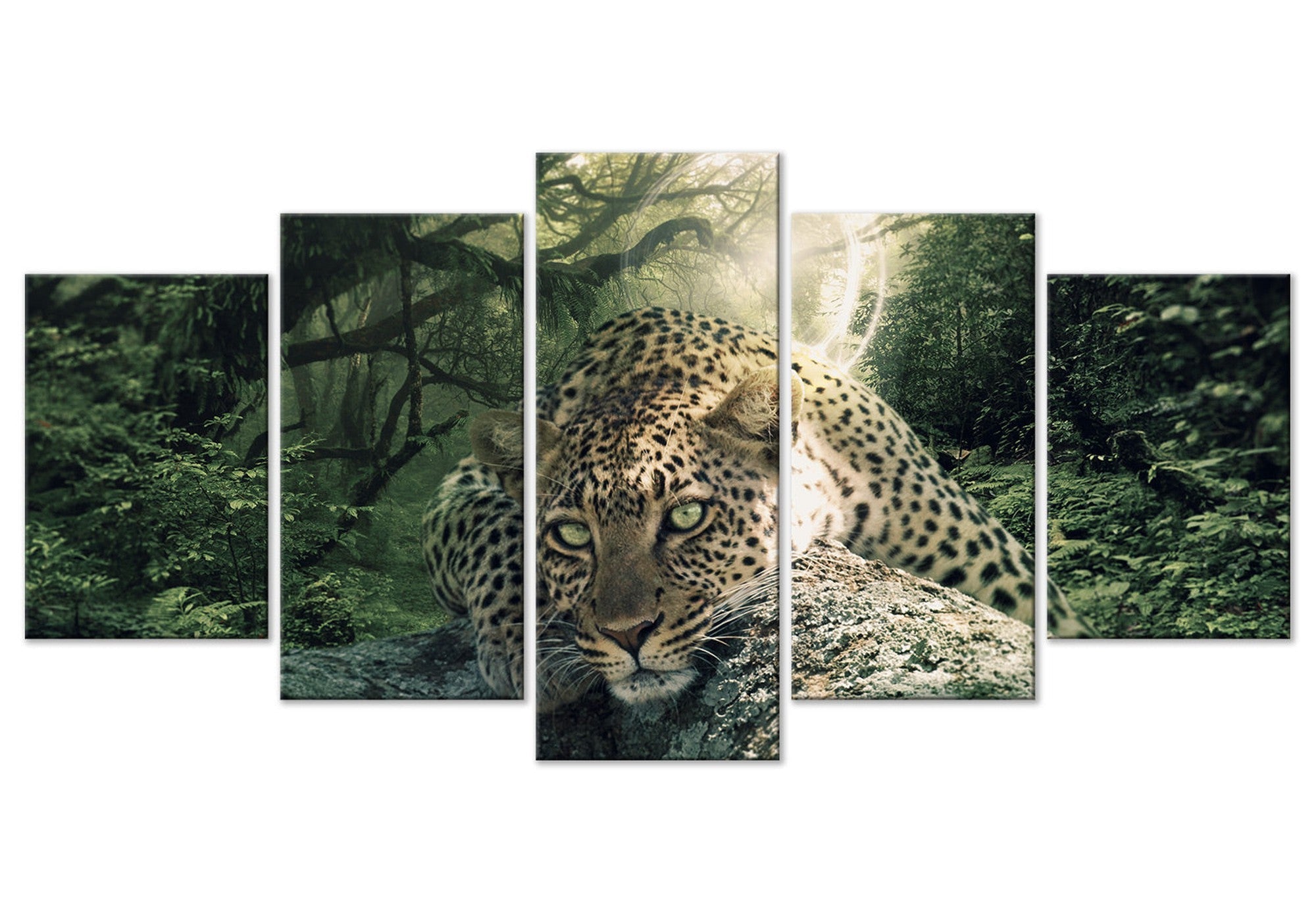 Animal Canvas Wall Art - Leopard Lying Pale Green - 5 Pieces