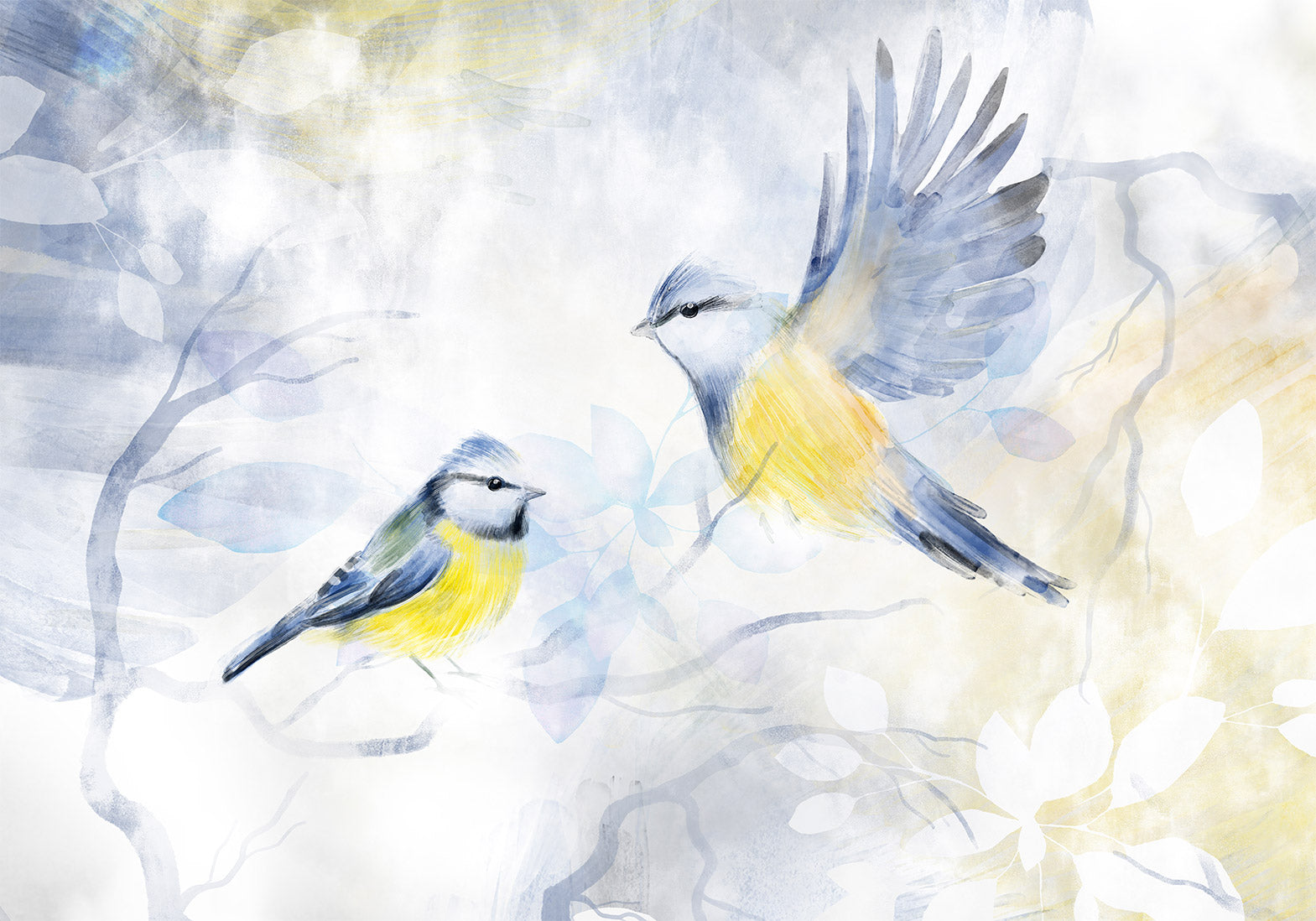 Animal Wallpaper Wall Mural - Watercolor Birds Blue