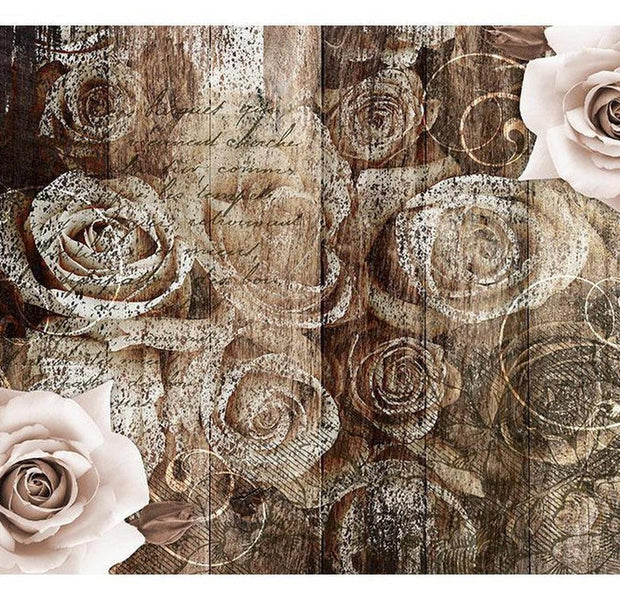 Surface Texture Wallpaper Wall Mural - Old Wood & Roses
