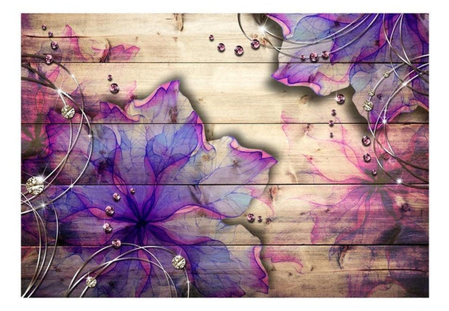 Surface Texture Wallpaper Wall Mural - Watercolor Flowers on Wood