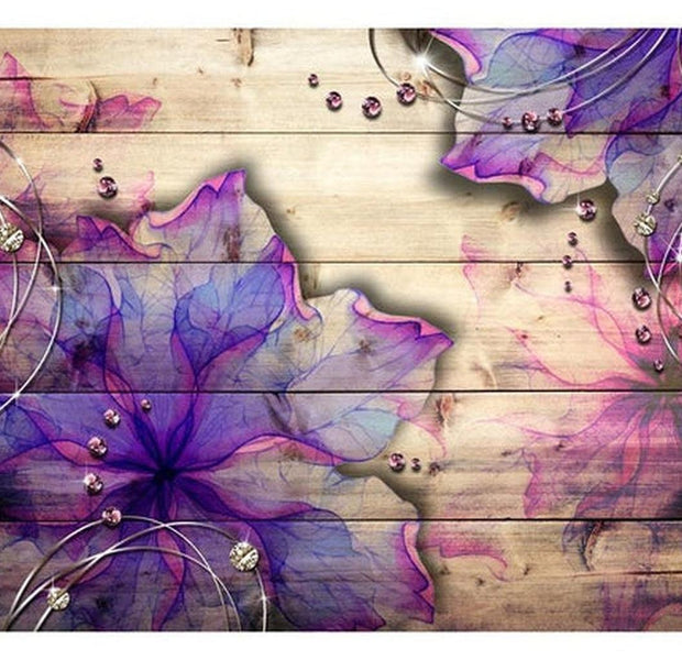 Surface Texture Wallpaper Wall Mural - Watercolor Flowers on Wood