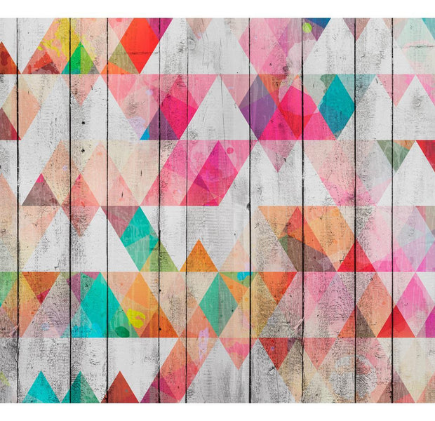 Surface Texture Wallpaper Wall Mural - Rainbow Triangles on Wood