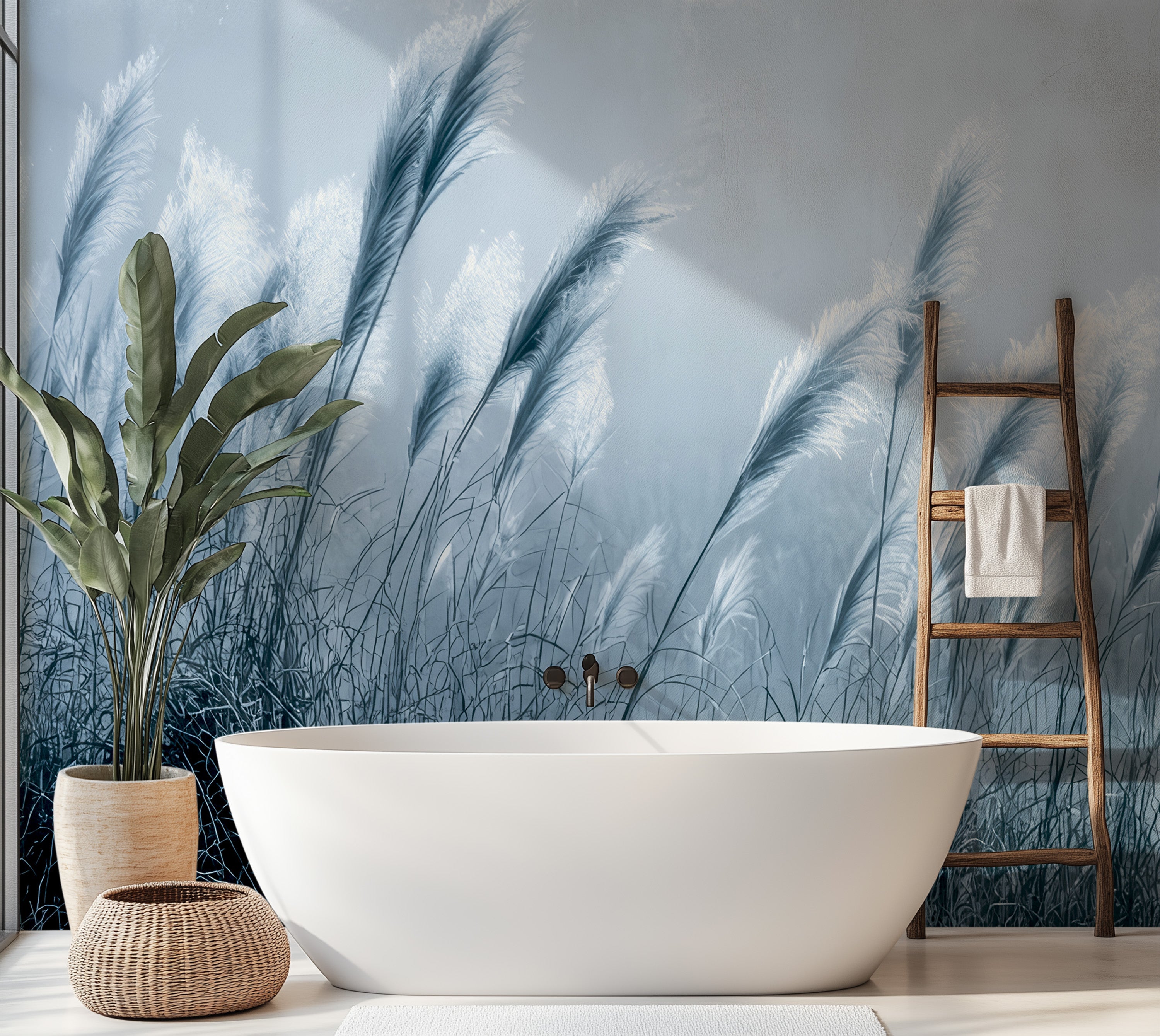 Premium Wallpaper Wall Mural - Minimalist Blue Gray Pampas