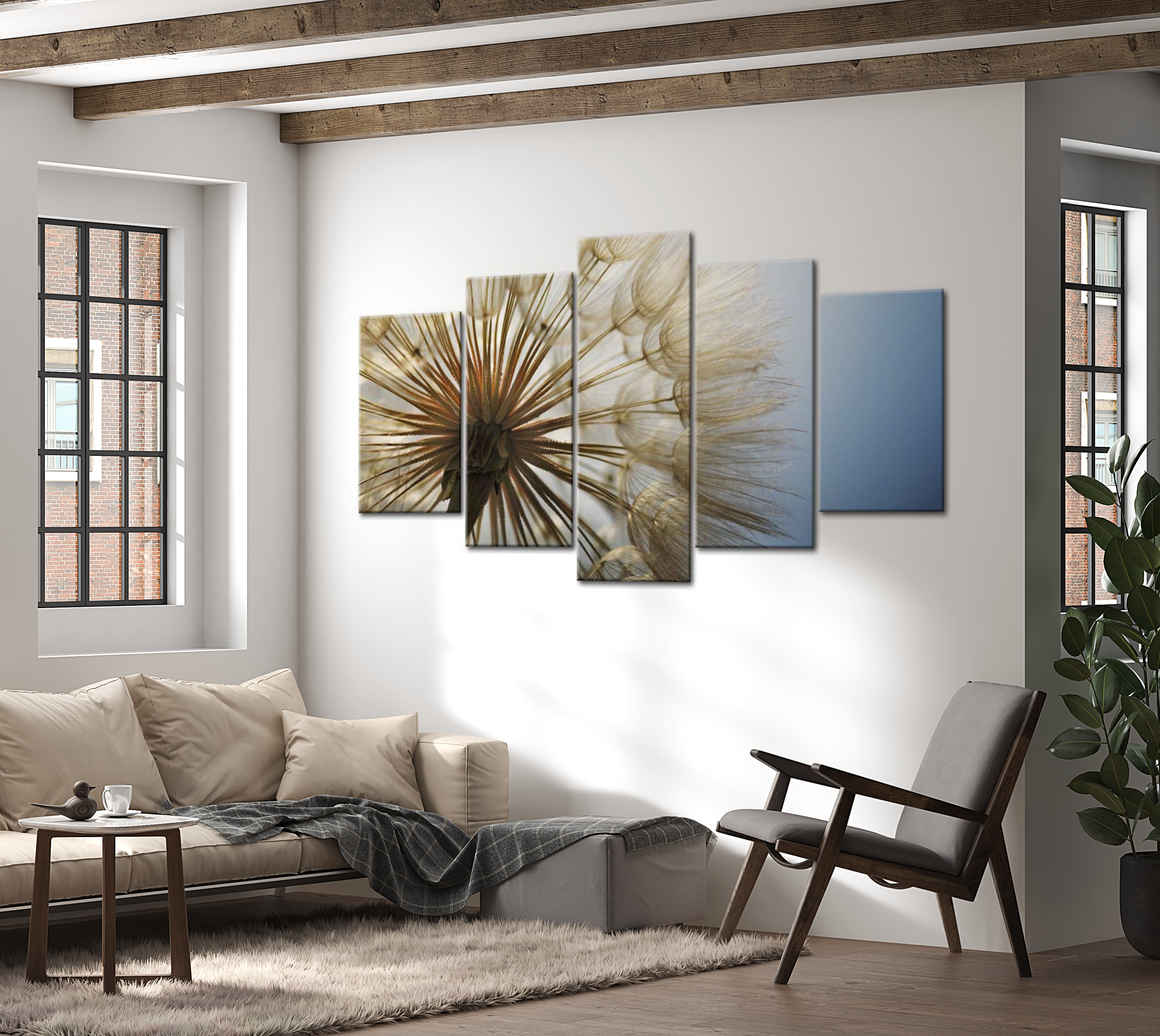 Botanical Canvas Wall Art - Dandelion Blue Sky - 5 Pieces