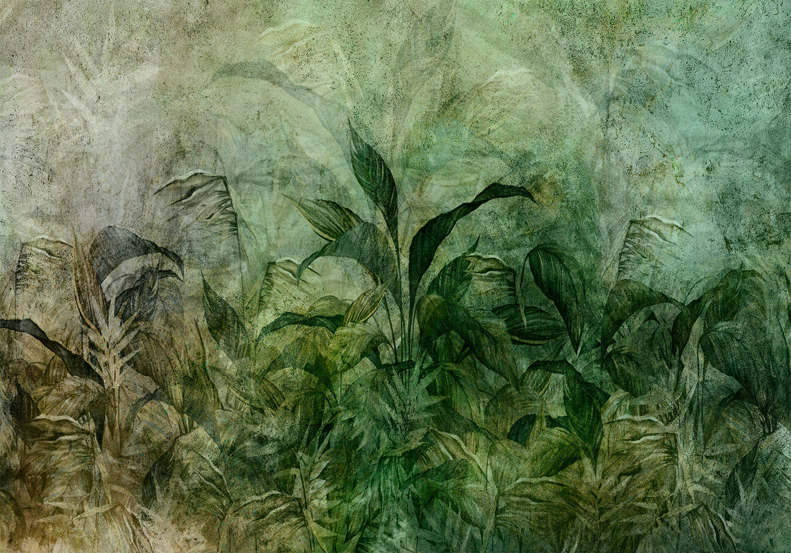 Botanical Wallpaper Wall Mural - Dark Green Fog