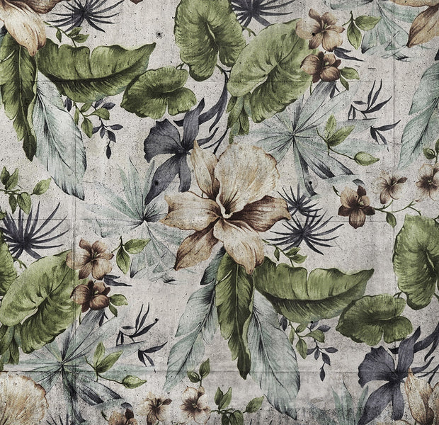 Botanical Wallpaper Wall Mural - Floral Concrete Wall