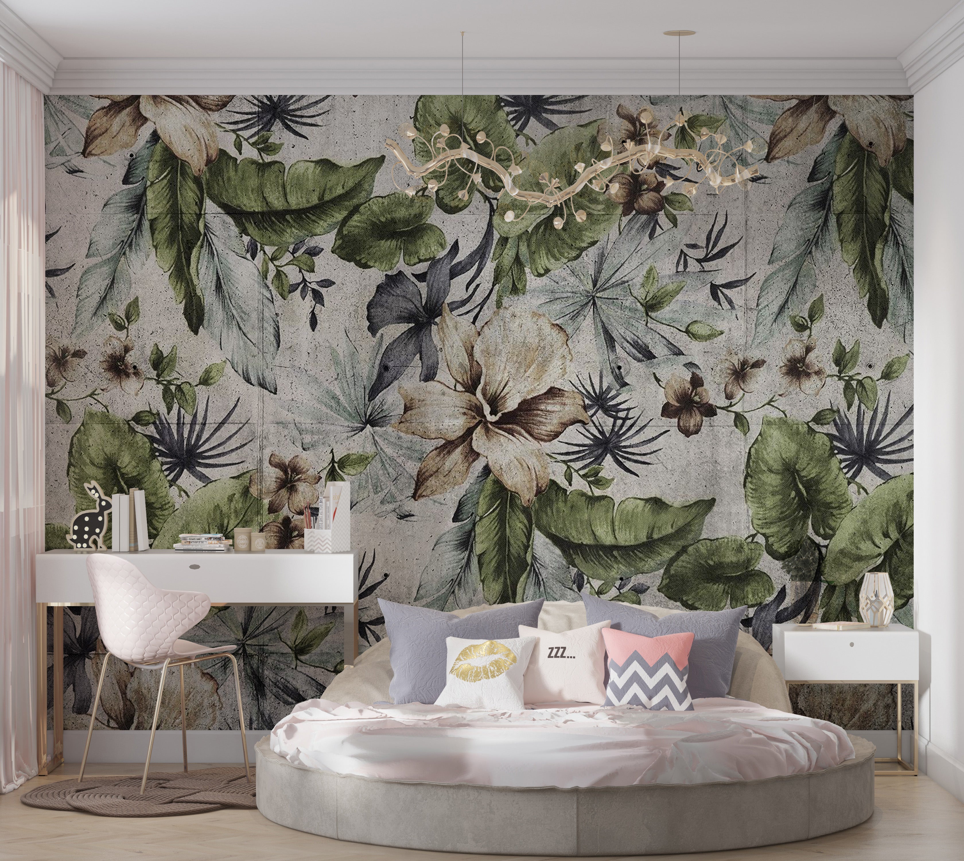 Botanical Wallpaper Wall Mural - Floral Concrete Wall 39"Wx27"H / Regular