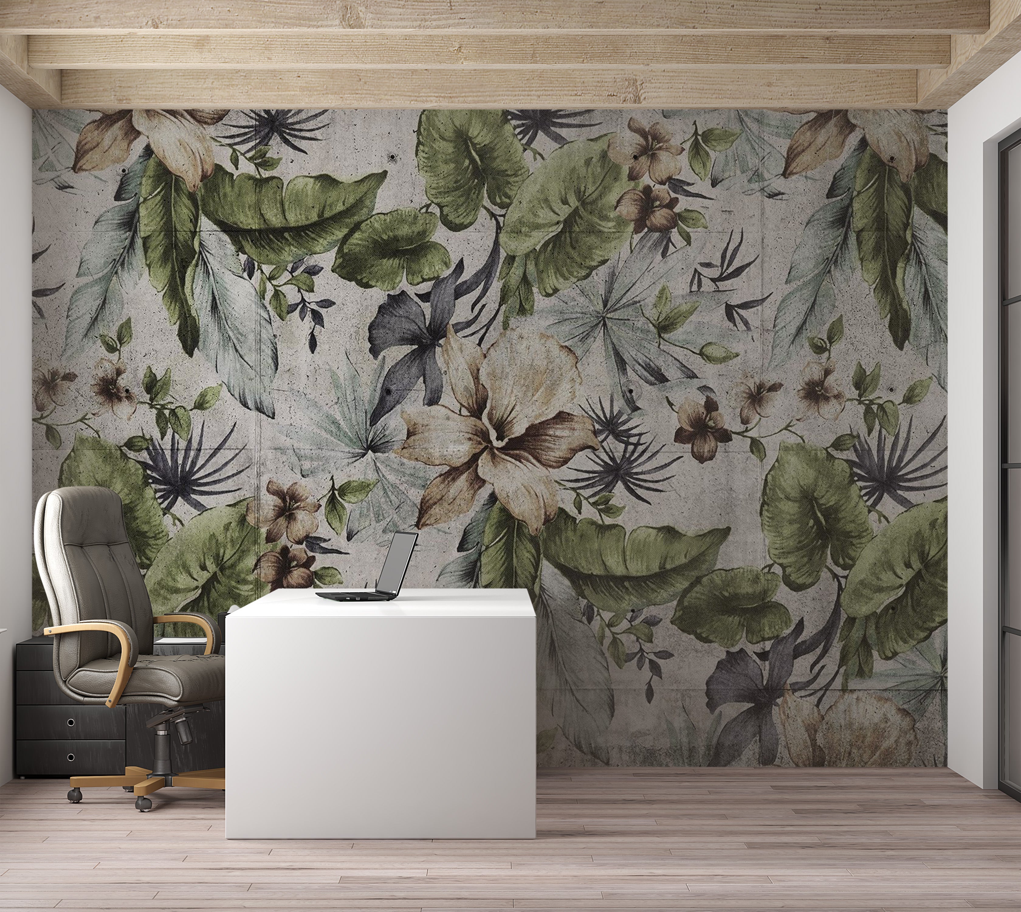 Botanical Wallpaper Wall Mural - Floral Concrete Wall 39"Wx27"H / Regular