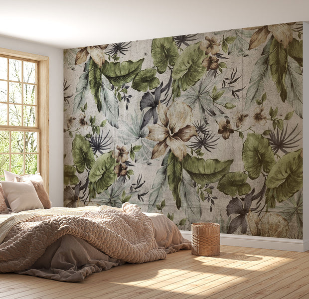 Botanical Wallpaper Wall Mural - Floral Concrete Wall 39"Wx27"H / Regular