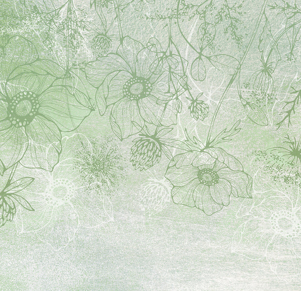 Botanical Wallpaper Wall Mural - Floral Green Lineart