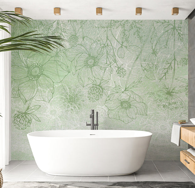 Botanical Wallpaper Wall Mural - Floral Green Lineart 39"Wx27"H / Regular