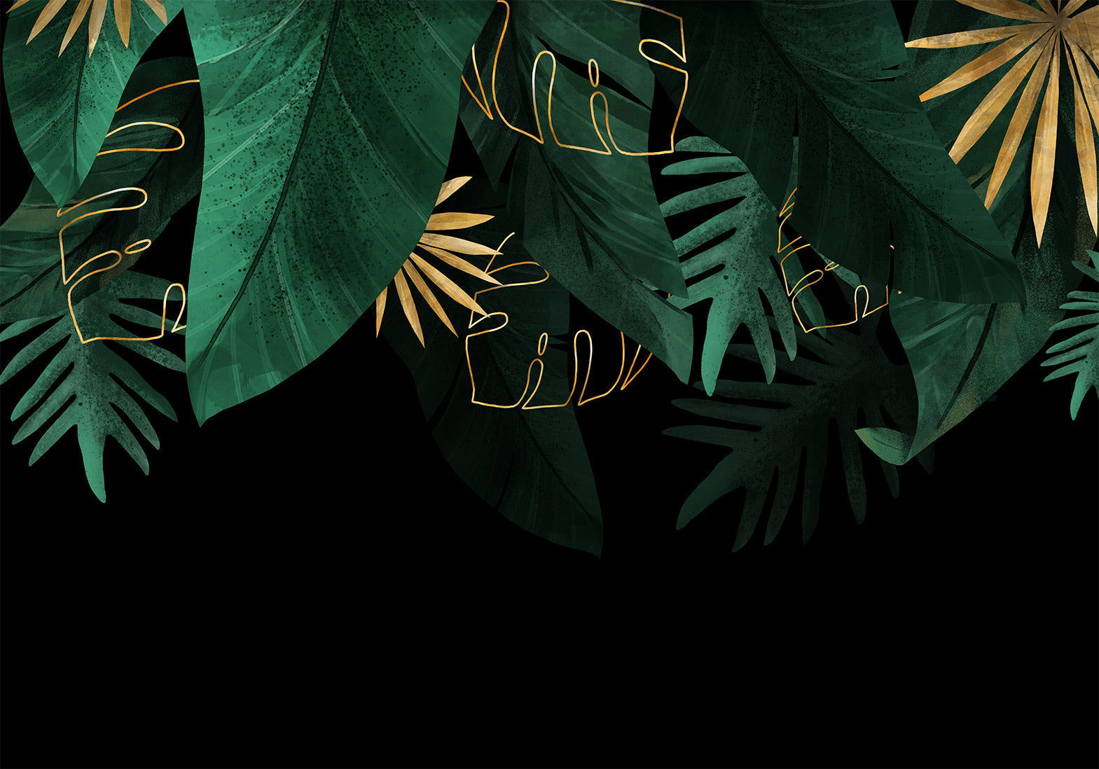 Botanical Wallpaper Wall Mural - Green Jungle Golden Leaves