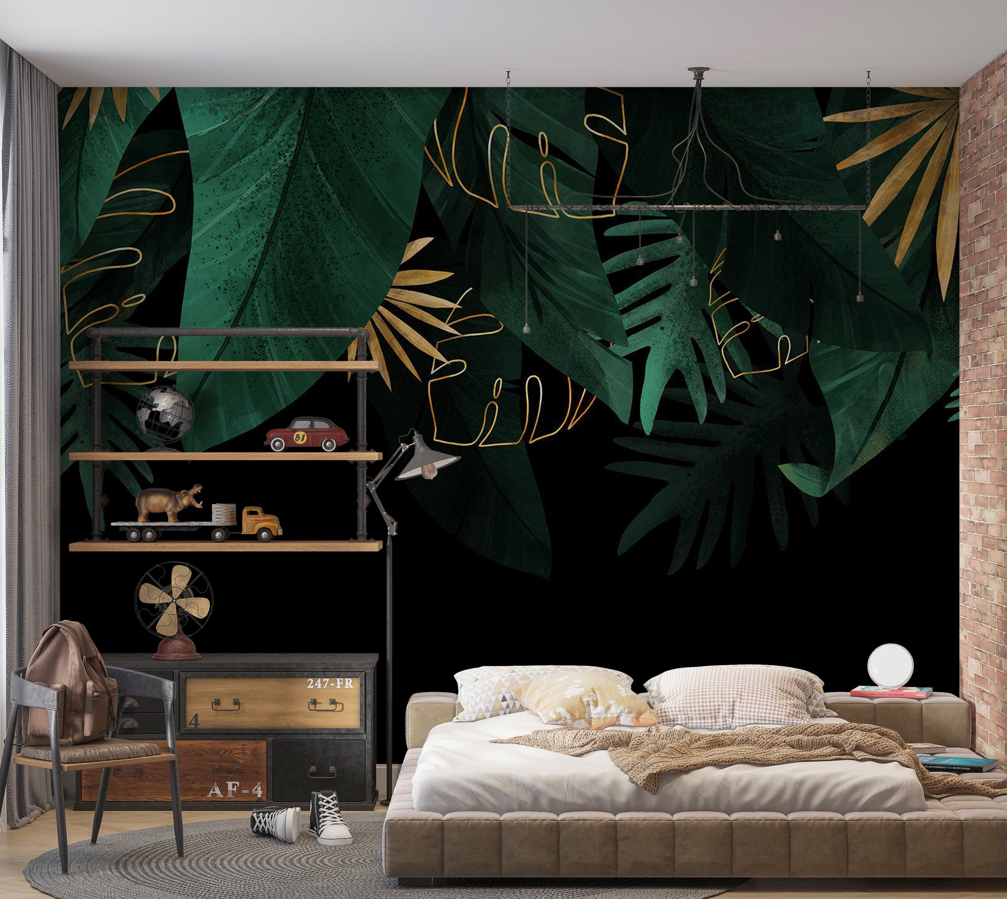 Botanical Wallpaper Wall Mural - Green Jungle Golden Leaves 39"Wx27"H / Regular