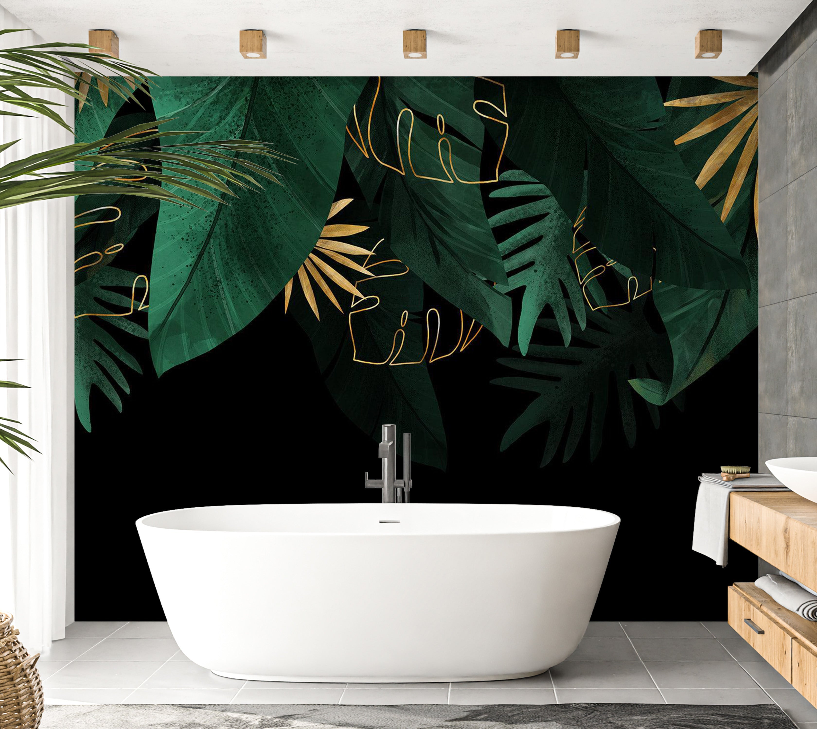 Botanical Wallpaper Wall Mural - Green Jungle Golden Leaves 39"Wx27"H / Regular