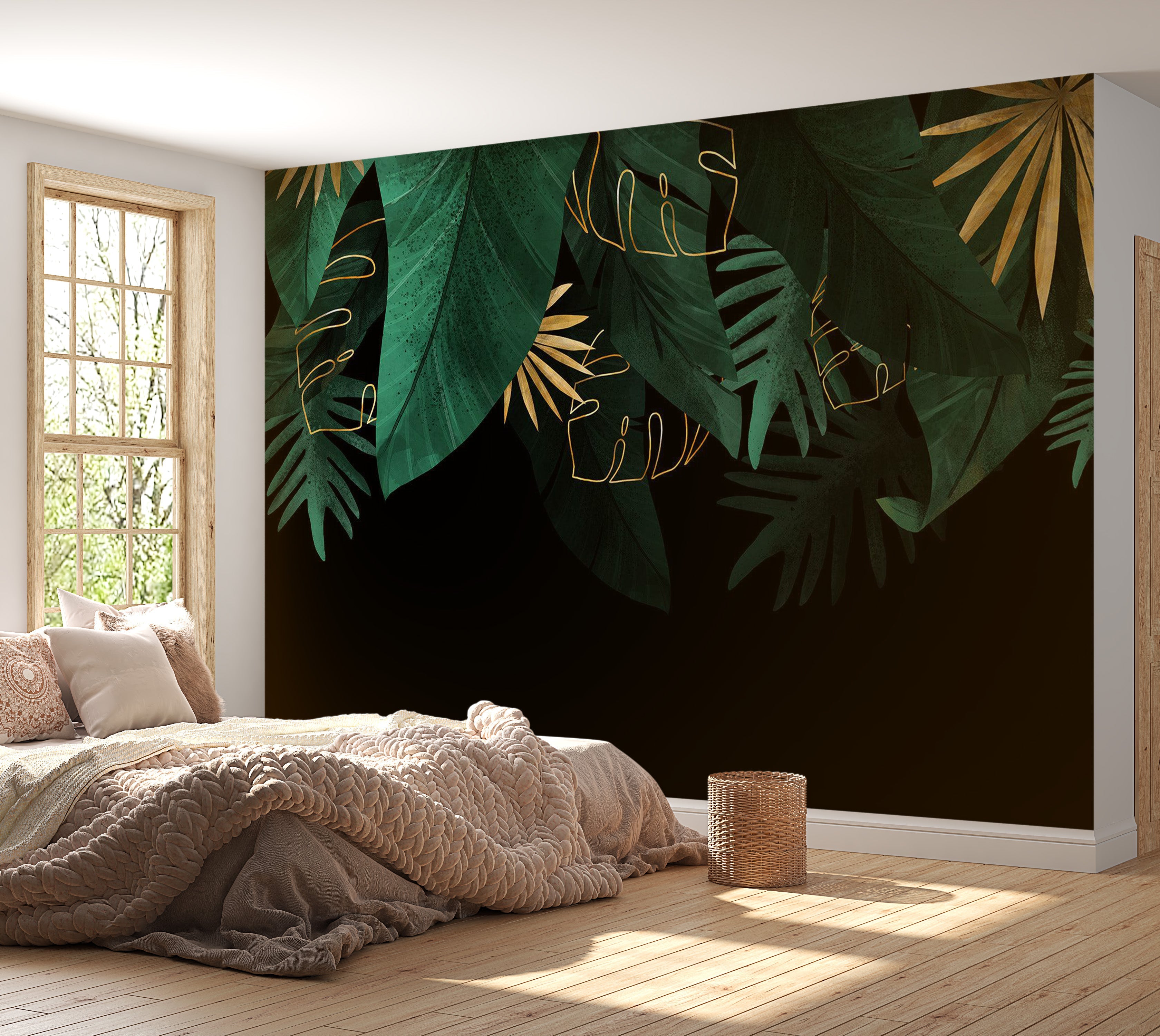 Botanical Wallpaper Wall Mural - Green Jungle Golden Leaves 39"Wx27"H / Regular