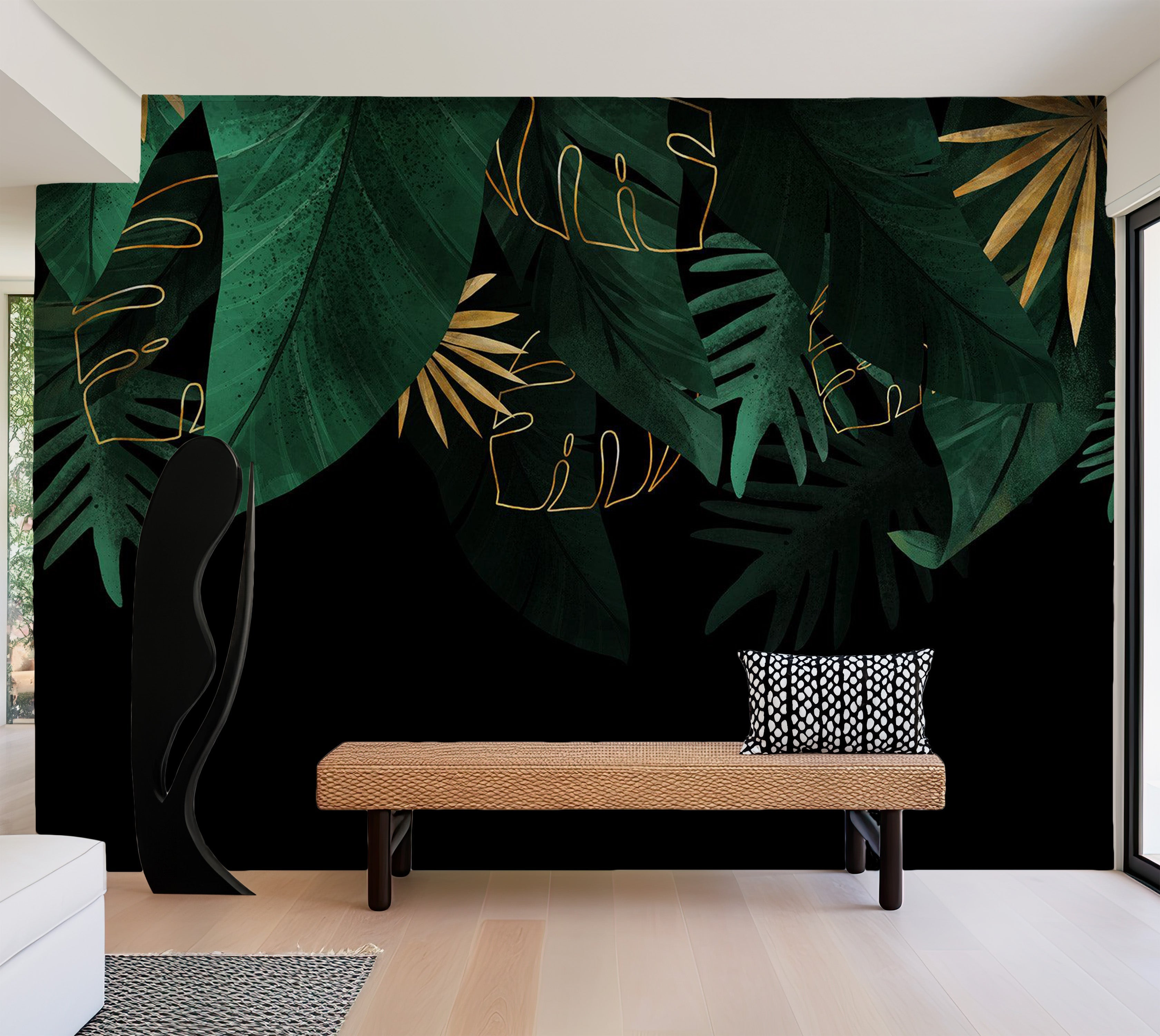 Botanical Wallpaper Wall Mural - Green Jungle Golden Leaves 39"Wx27"H / Regular