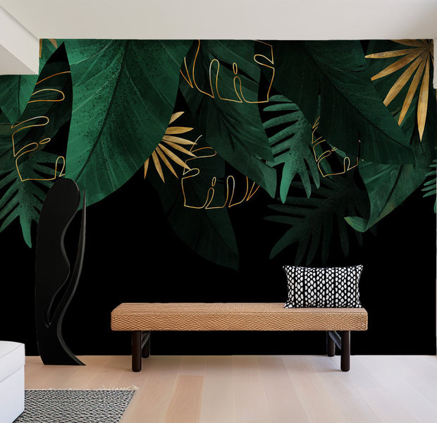 Botanical Wallpaper Wall Mural - Green Jungle Golden Leaves 39"Wx27"H / Regular
