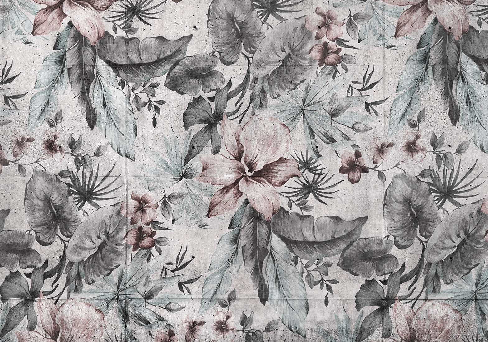 Botanical Wallpaper Wall Mural - Grey Retro Concrete Nature