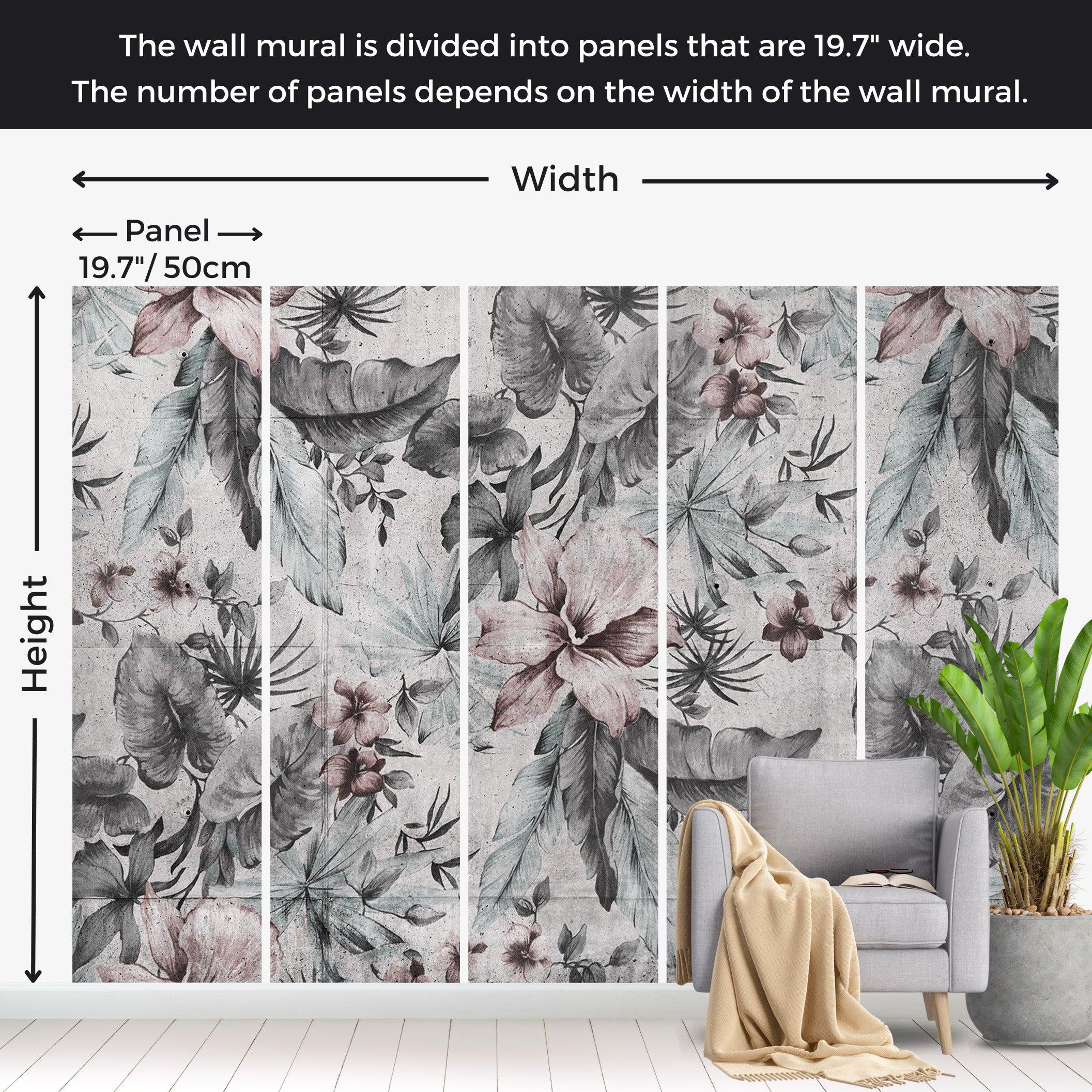 Botanical Wallpaper Wall Mural - Grey Retro Concrete Nature