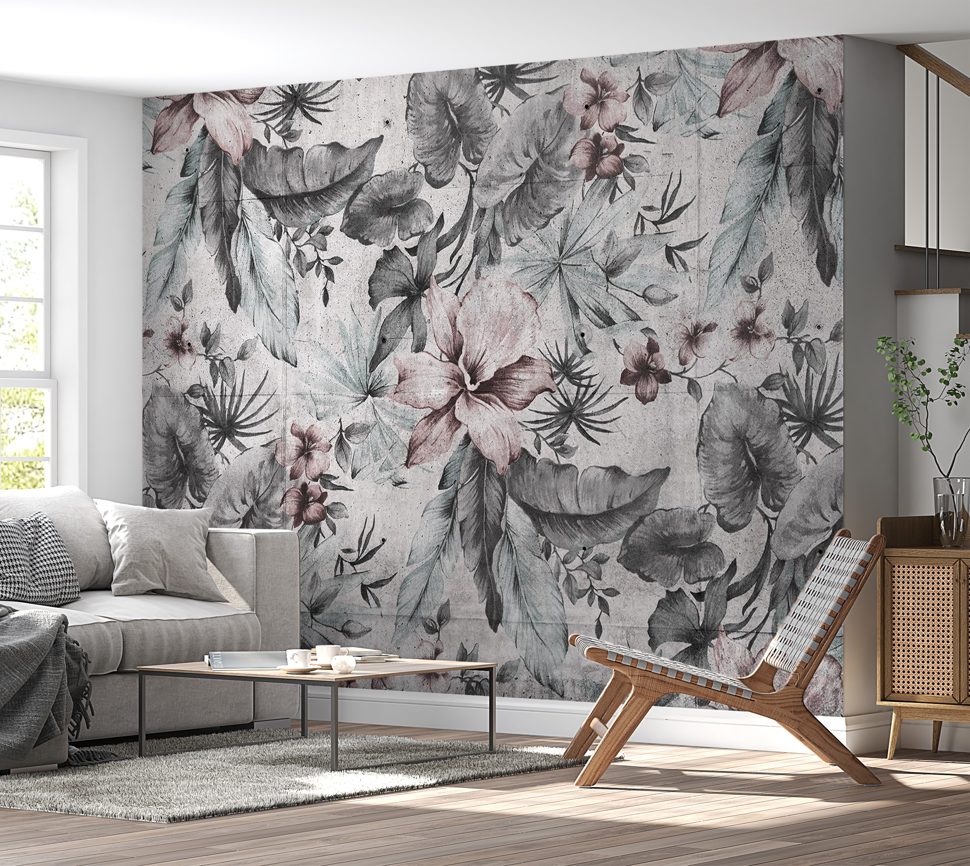 Botanical Wallpaper Wall Mural - Grey Retro Concrete Nature 39"Wx27"H / Regular