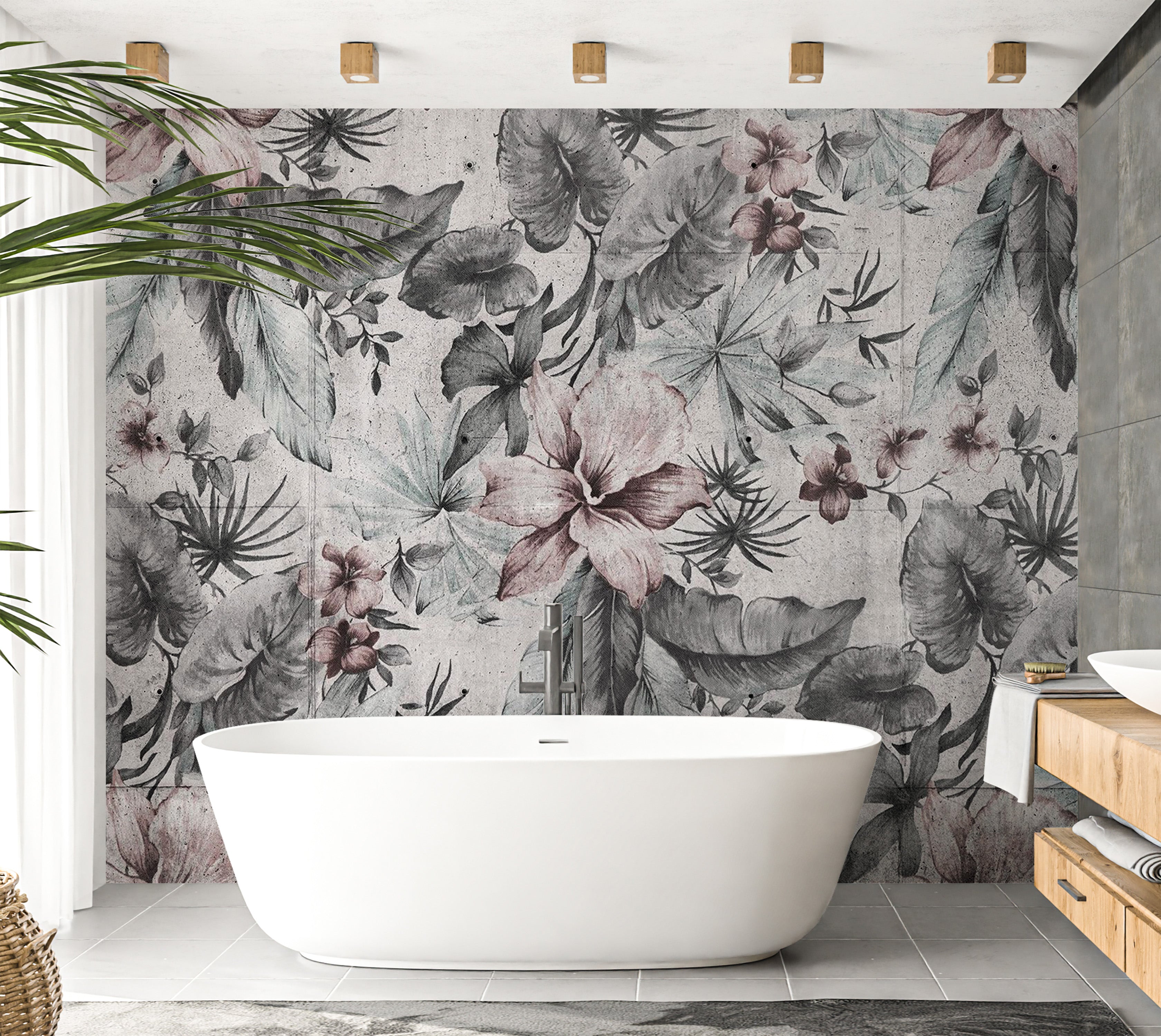 Botanical Wallpaper Wall Mural - Grey Retro Concrete Nature 39"Wx27"H / Regular