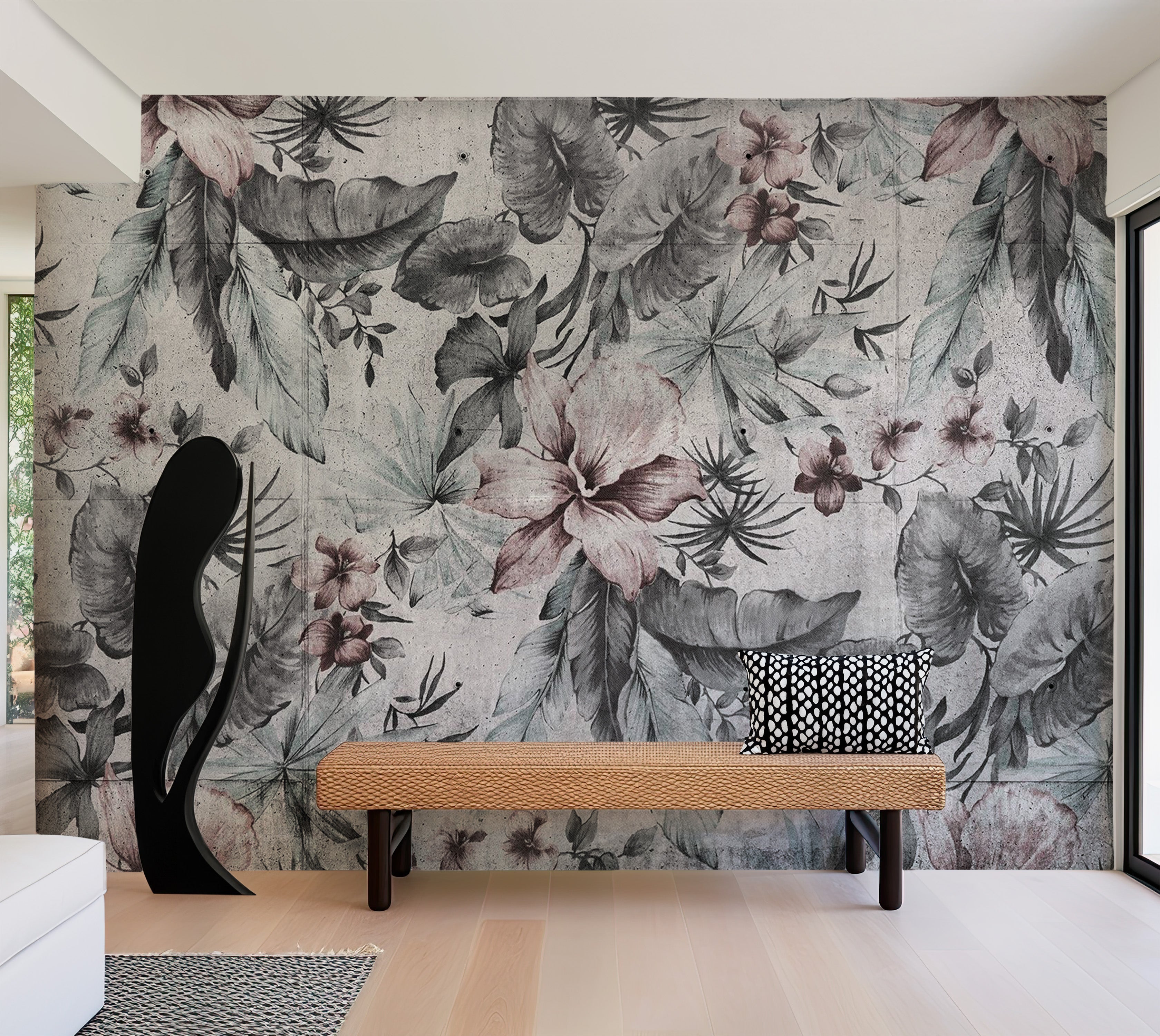 Botanical Wallpaper Wall Mural - Grey Retro Concrete Nature 39"Wx27"H / Regular