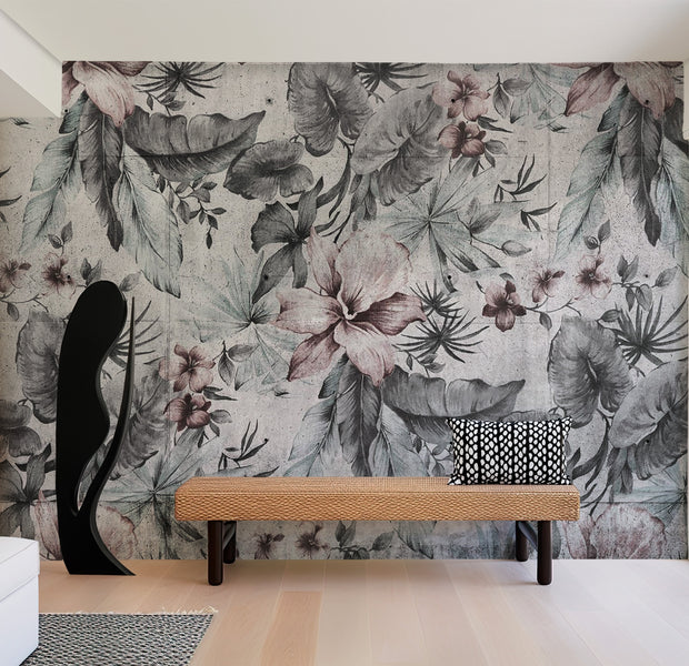 Botanical Wallpaper Wall Mural - Grey Retro Concrete Nature 39"Wx27"H / Regular