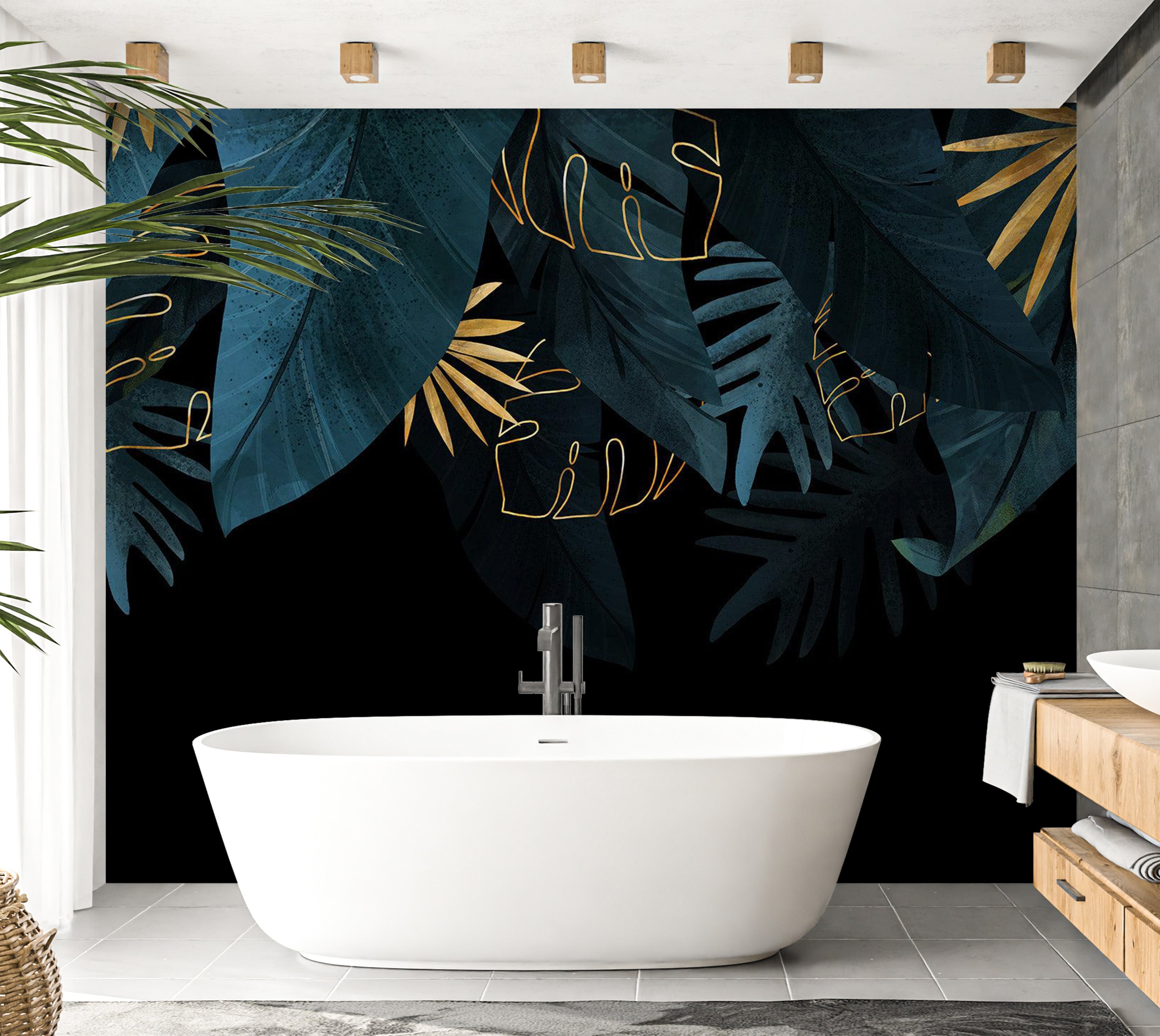 Botanical Wallpaper Wall Mural - Jungle Golden Leaves 39"Wx27"H / Regular